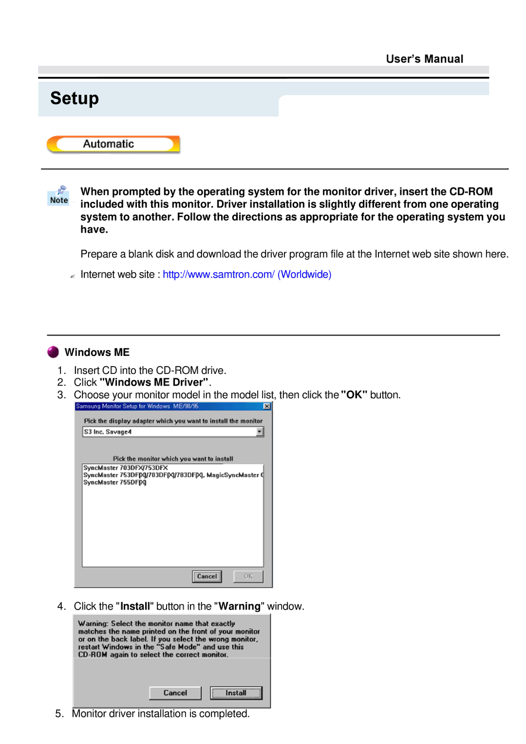 Samsung GY17CTSN/EDC, GY15VTSN/EDC, GY17VTSN/EDC manual Click Windows ME Driver 