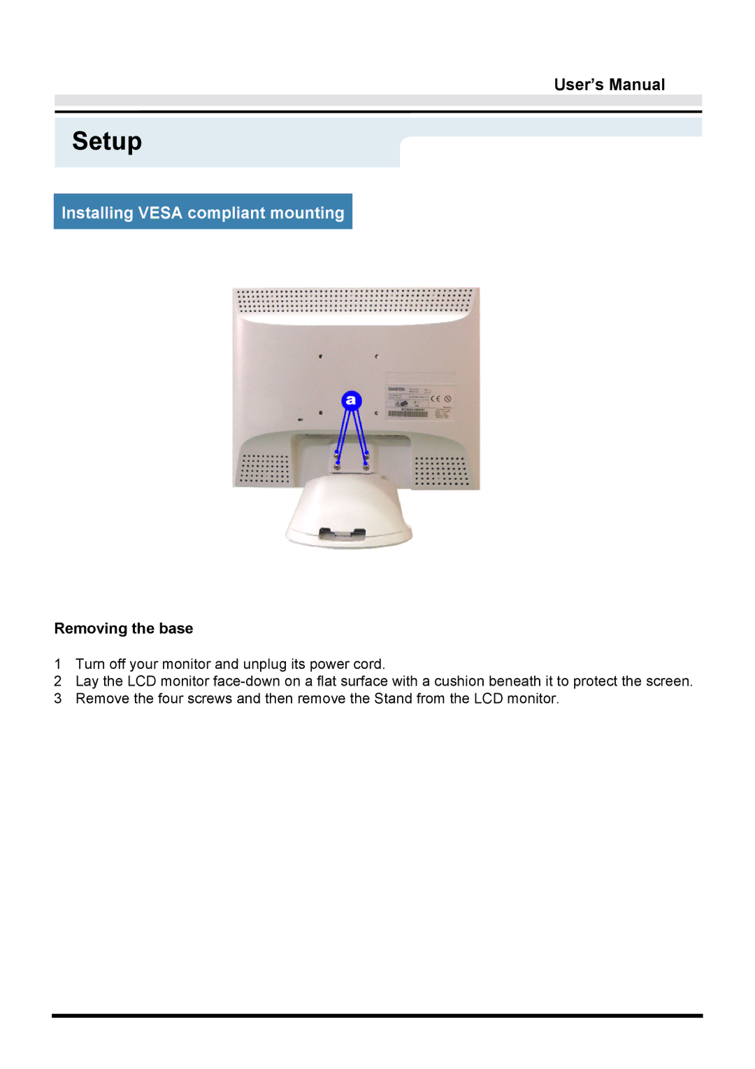 Samsung GY15VTSN/EDC, GY17VTSN/EDC, GY17CTSN/EDC manual Installing Vesa compliant mounting, Removing the base 