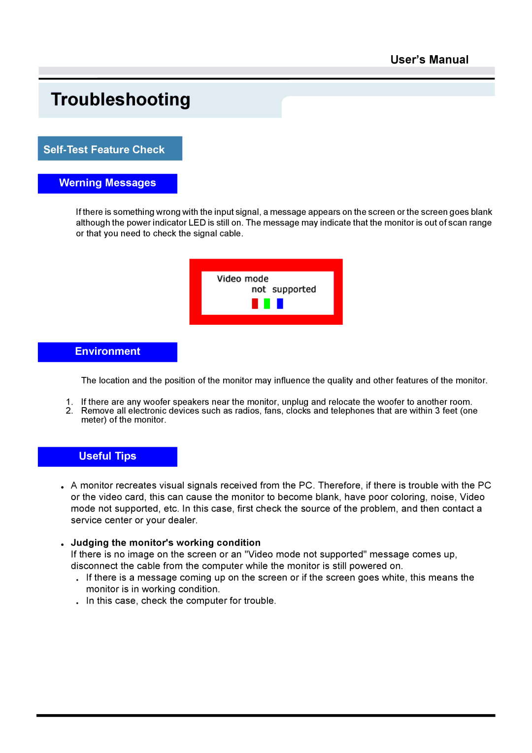 Samsung GY17CTSN/EDC, GY15VTSN/EDC, GY17VTSN/EDC manual Self-Test Feature Check Werning Messages, Environment, Useful Tips 