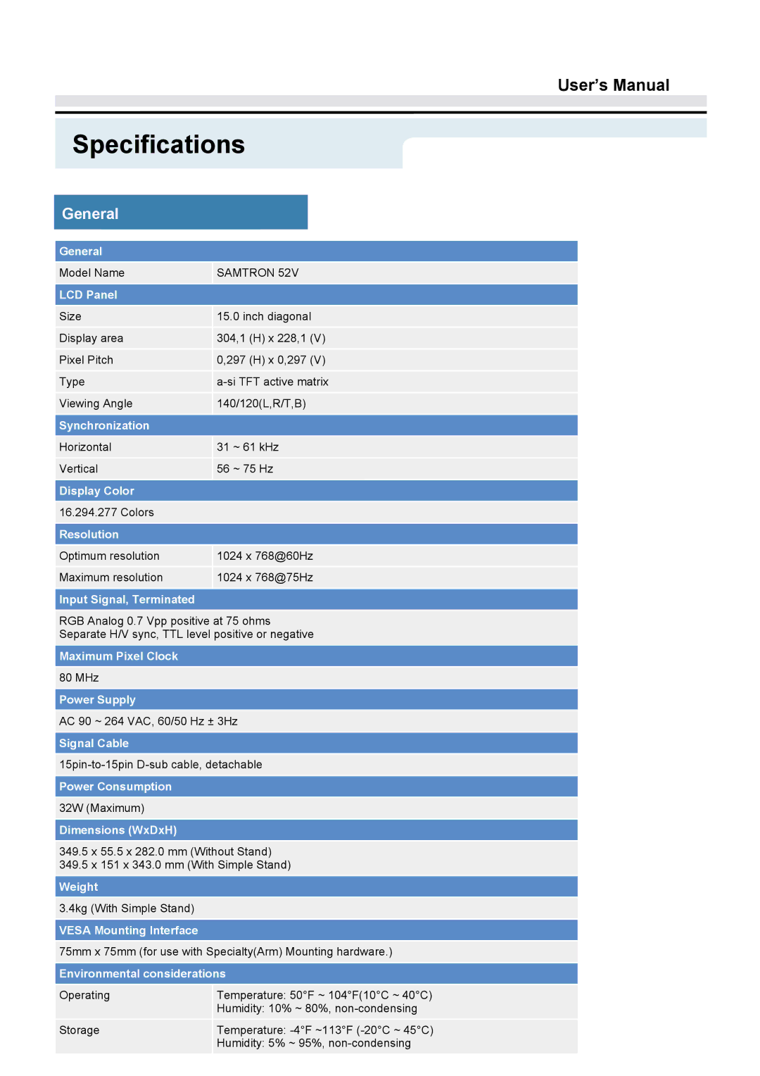 Samsung GY15VTSN/EDC, GY17VTSN/EDC, GY17CTSN/EDC manual Specifications, General 