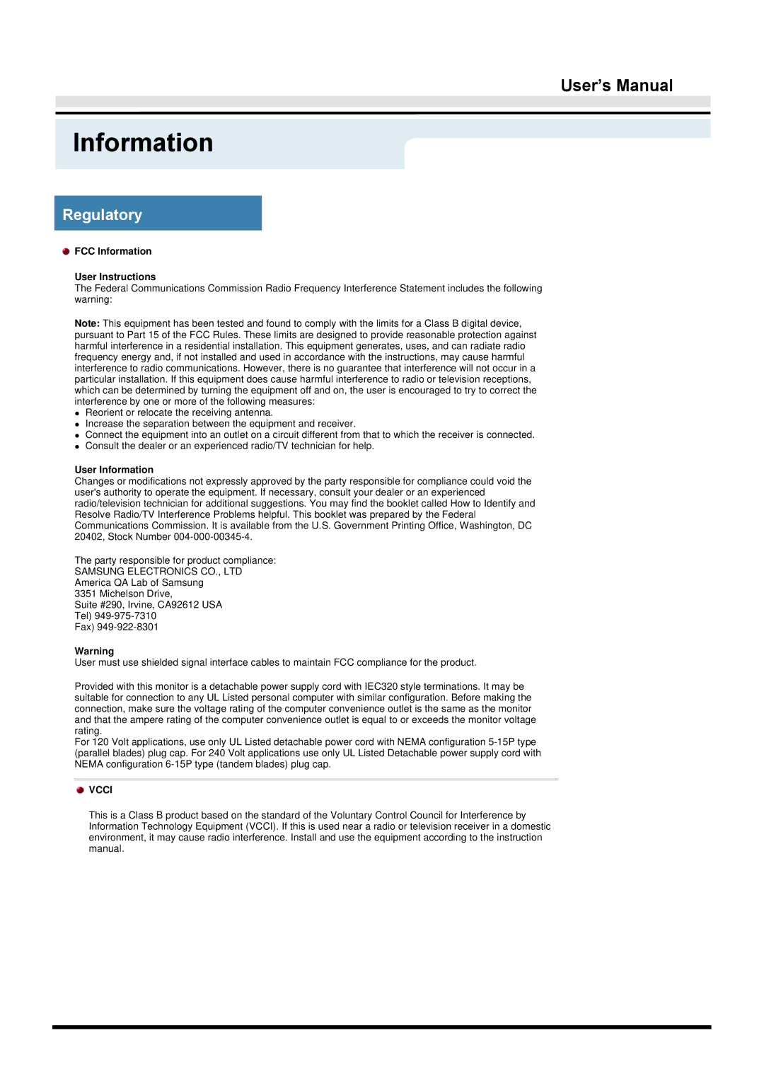 Samsung GY17VTSN/EDC, GY15VTSN/EDC, GY17CTSN/EDC manual Regulatory, FCC Information User Instructions 