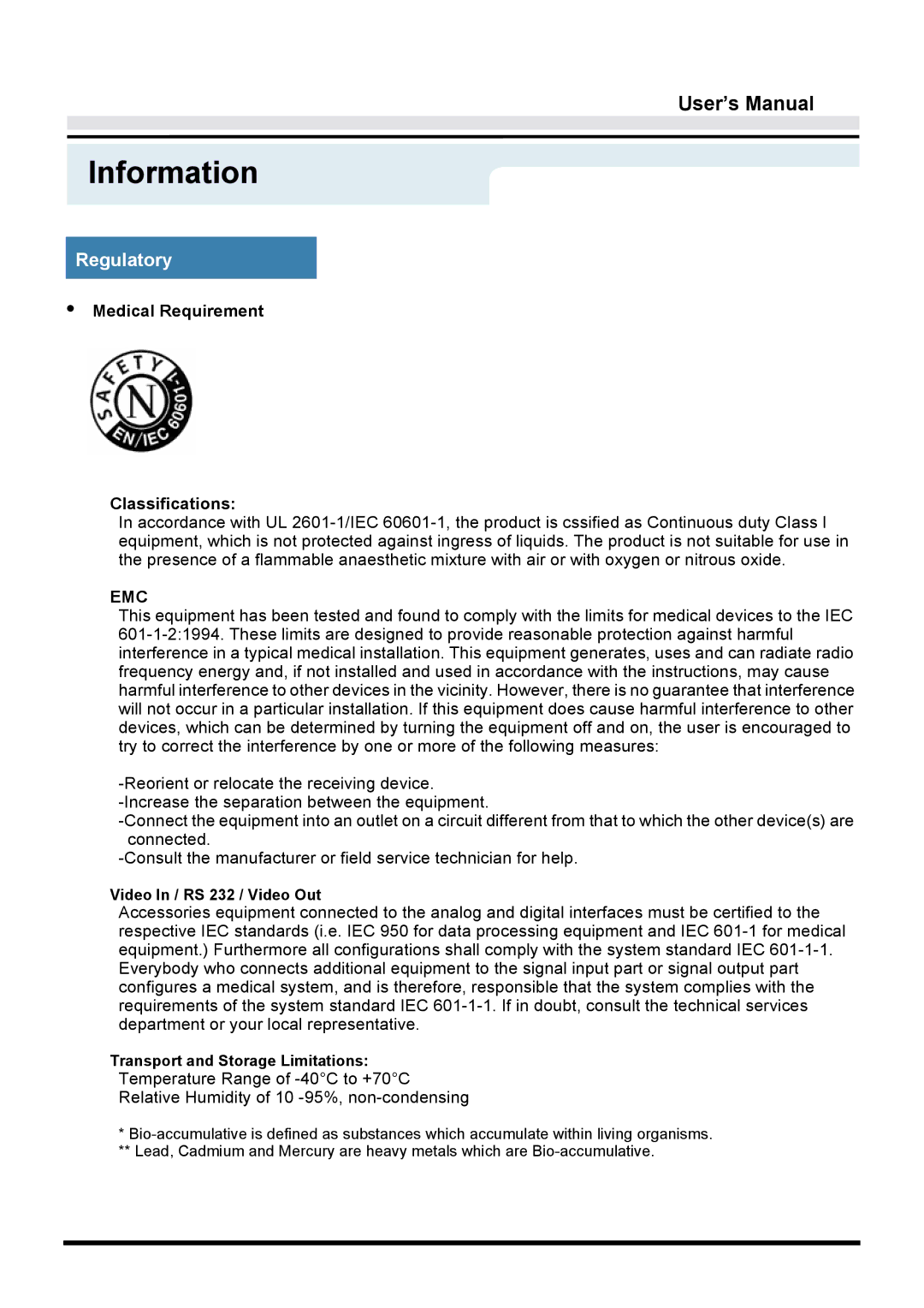 Samsung GY17VTSN/EDC, GY15VTSN/EDC, GY17CTSN/EDC manual Medical Requirement Classifications, Emc 