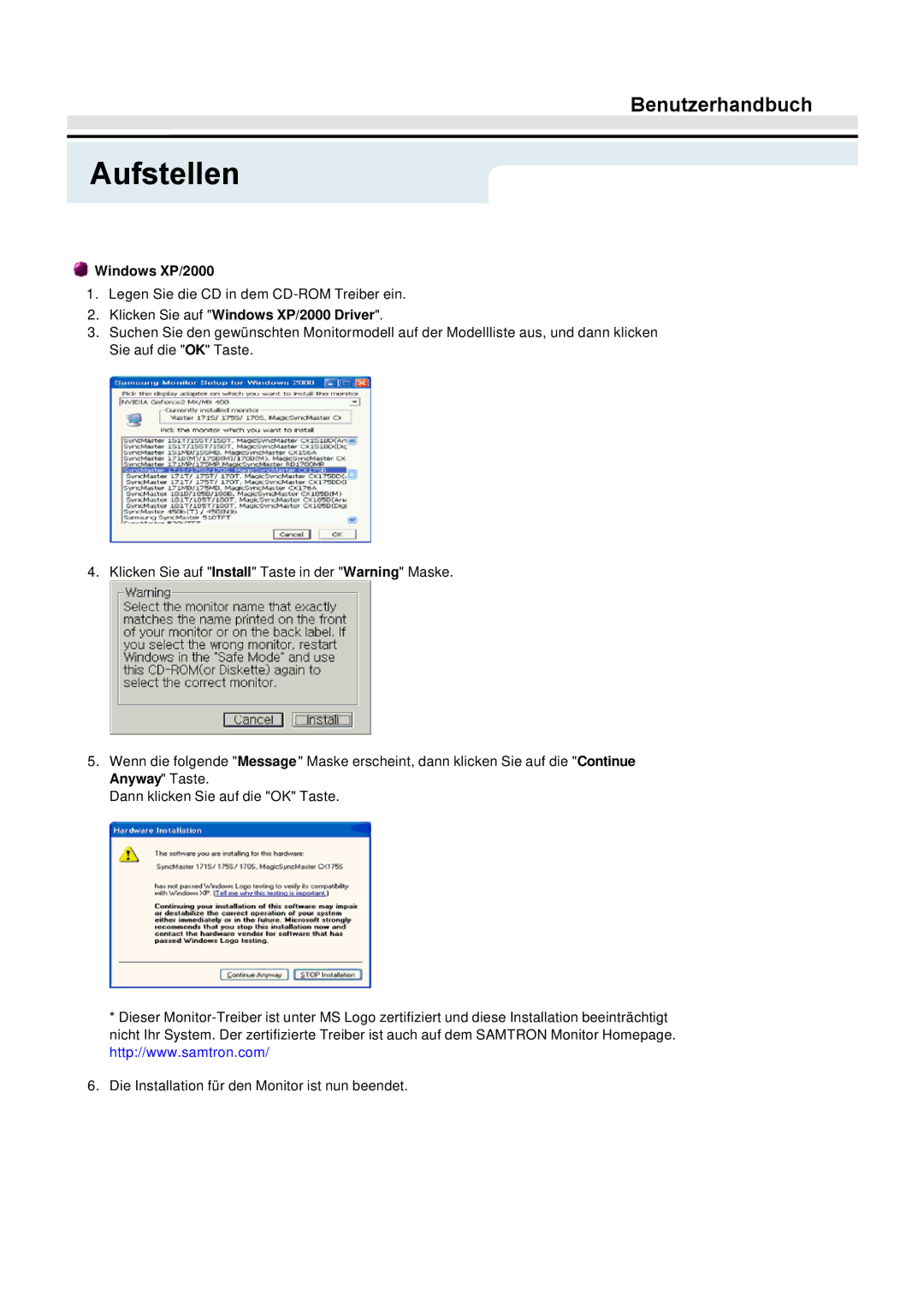 Samsung GY15VTSN/EDC, GY17VTSN/EDC, GY17CTSN/EDC manual Klicken Sie auf Windows XP/2000 Driver 