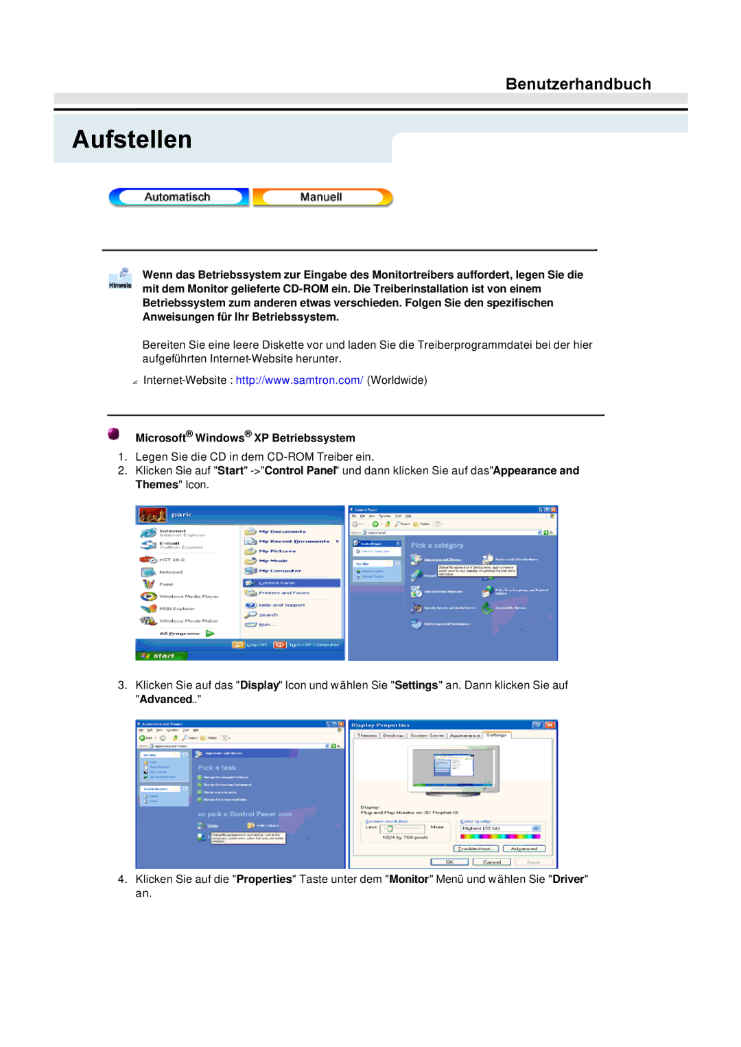 Samsung GY17VTSN/EDC, GY15VTSN/EDC, GY17CTSN/EDC manual Microsoft Windows XP Betriebssystem 