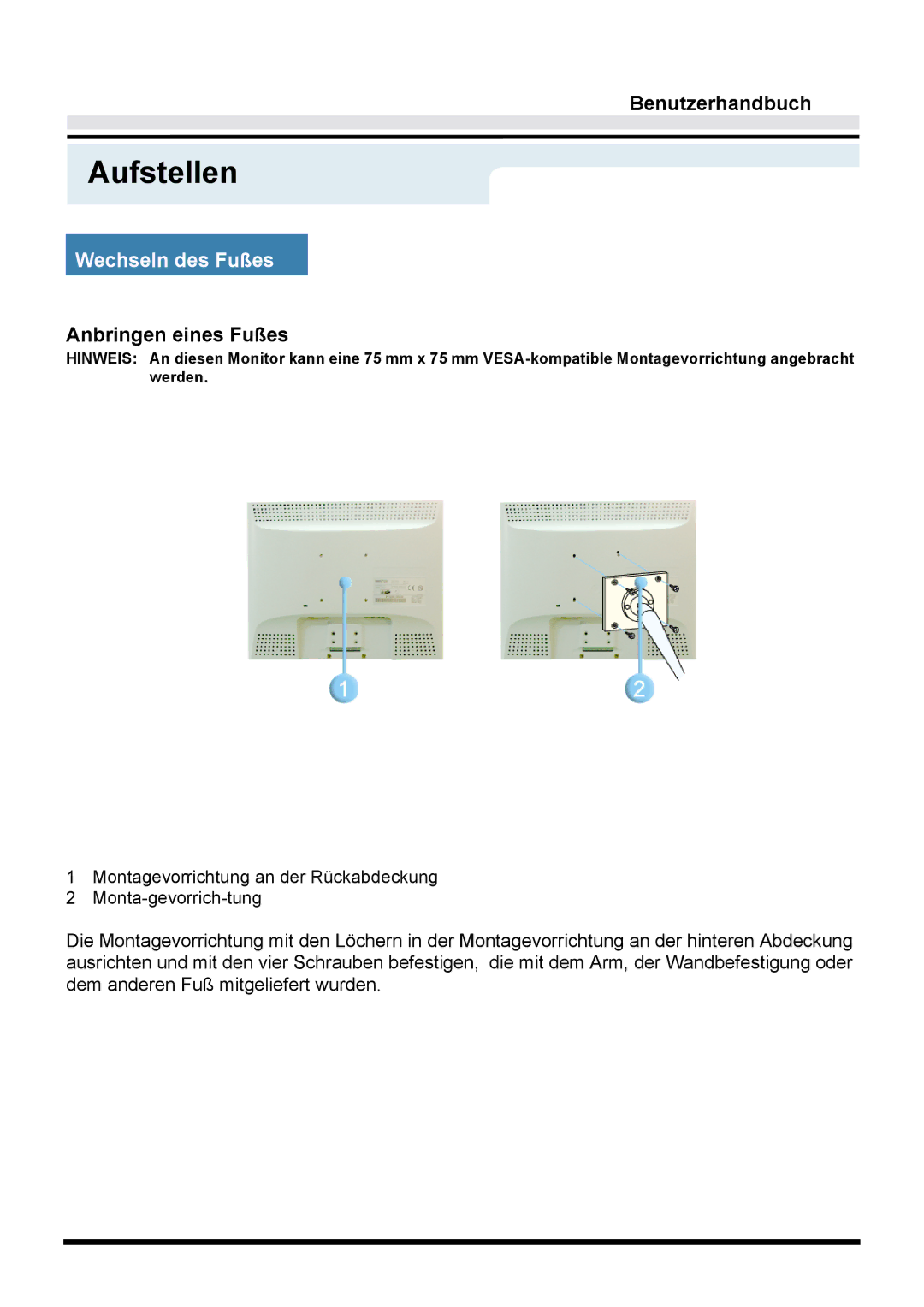 Samsung GY17VTSN/EDC, GY15VTSN/EDC, GY17CTSN/EDC manual Anbringen eines Fußes 