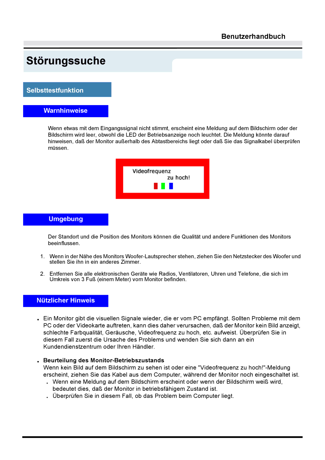 Samsung GY17CTSN/EDC, GY15VTSN/EDC, GY17VTSN/EDC manual Selbsttestfunktion Warnhinweise, Umgebung, Nützlicher Hinweis 