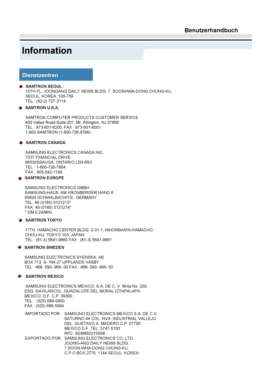 Samsung GY17CTSN/EDC, GY15VTSN/EDC, GY17VTSN/EDC manual Information, Dienstzentren 