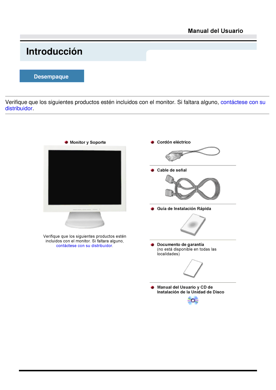 Samsung GY17CTSN/EDC, GY15VTSN/EDC, GY17VTSN/EDC manual Introducción, Desempaque, Monitor y Soporte 