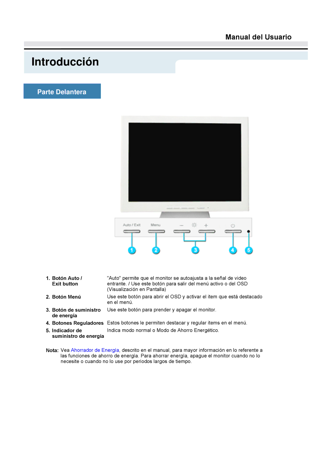 Samsung GY15VTSN/EDC, GY17VTSN/EDC, GY17CTSN/EDC manual Parte Delantera, En el menú, Indicador de, Suministro de energía 