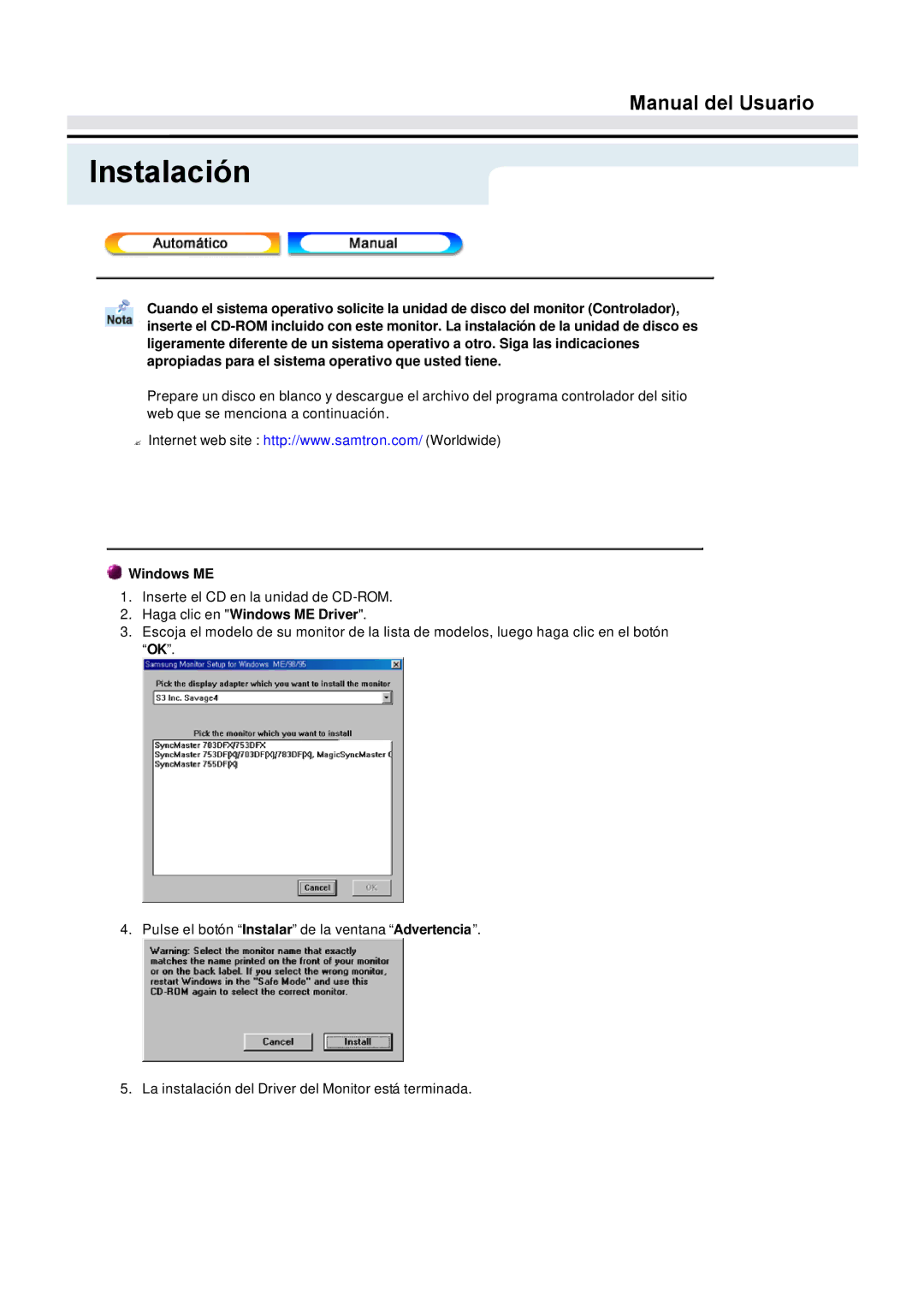 Samsung GY15VTSN/EDC, GY17VTSN/EDC, GY17CTSN/EDC manual Haga clic en Windows ME Driver 