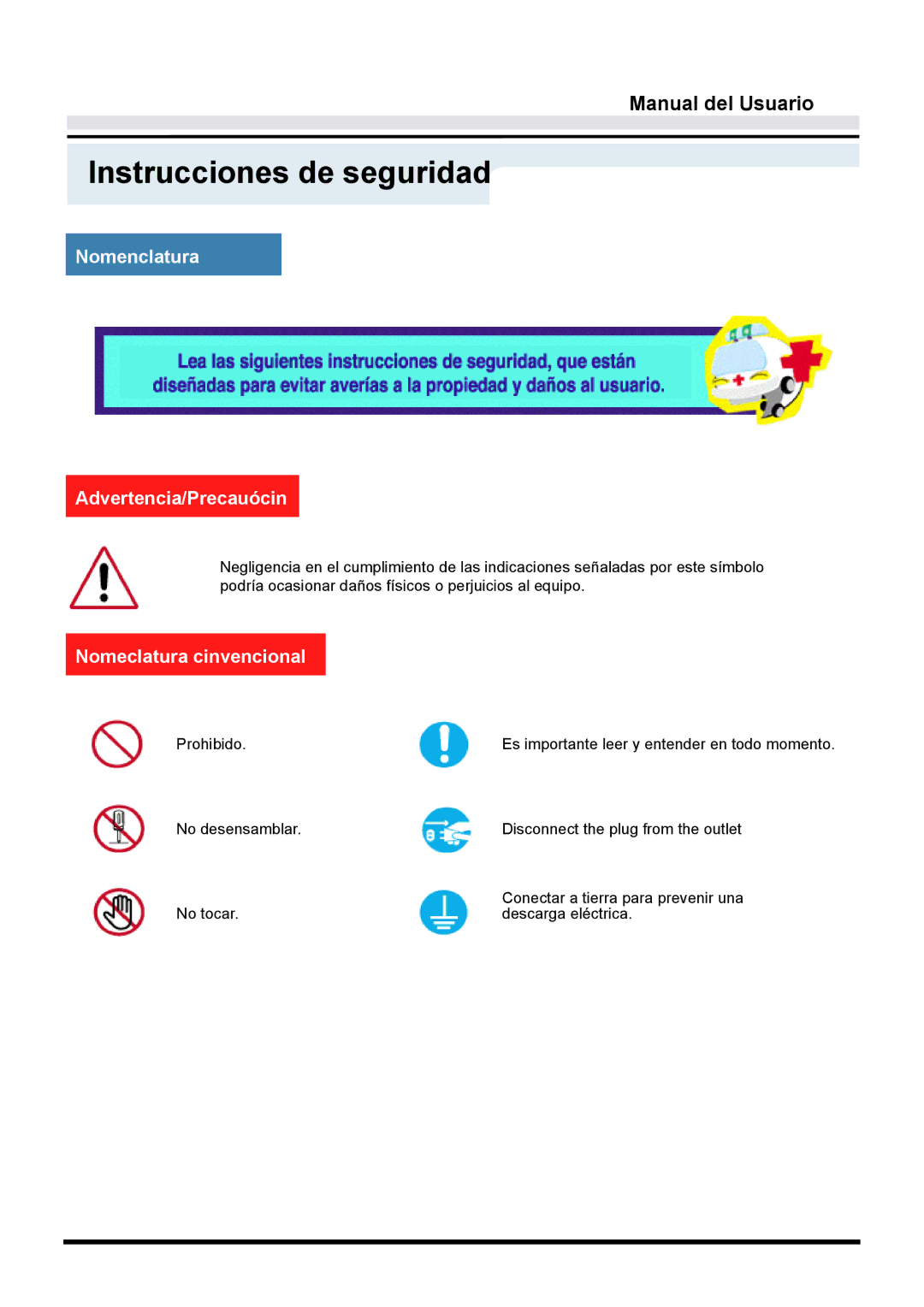 Samsung GY17CTSN/EDC manual Instrucciones de seguridad, Nomenclatura Advertencia/Precauócin, Nomeclatura cinvencional 