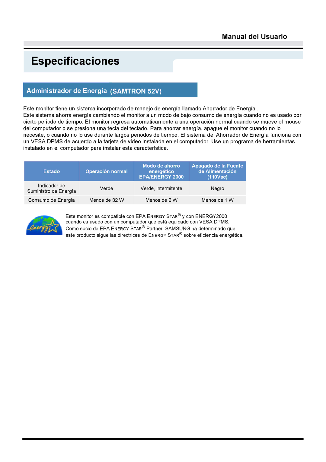 Samsung GY17CTSN/EDC, GY15VTSN/EDC, GY17VTSN/EDC manual Administrador de Energía Samtron, Epa/Energy 