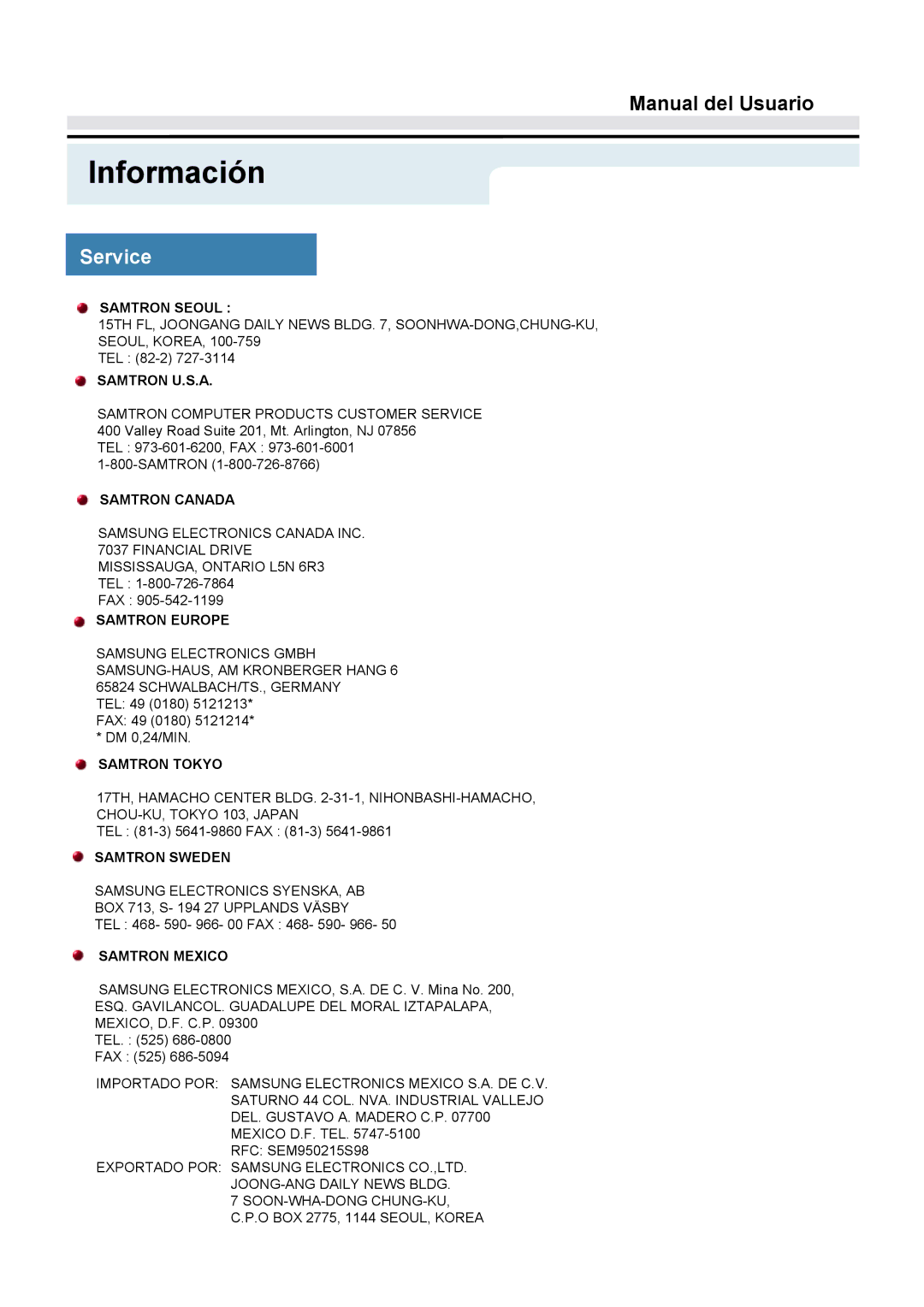 Samsung GY17CTSN/EDC, GY15VTSN/EDC, GY17VTSN/EDC manual Información, Service 