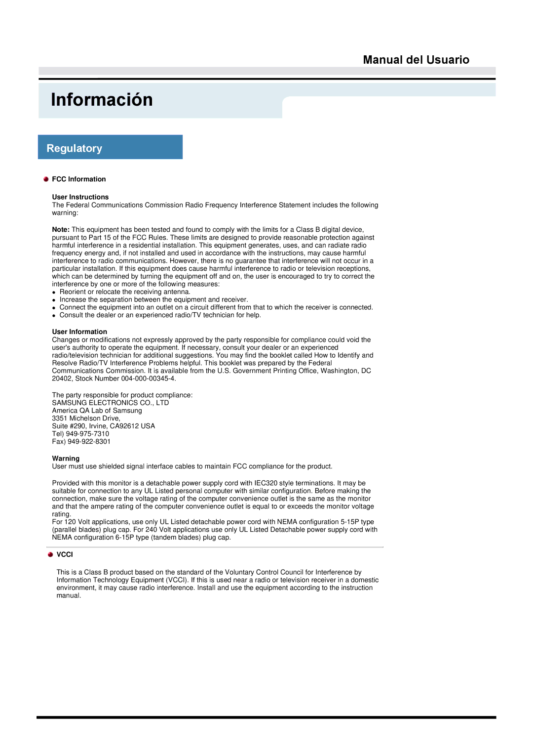 Samsung GY17VTSN/EDC, GY15VTSN/EDC, GY17CTSN/EDC manual Regulatory, FCC Information User Instructions 