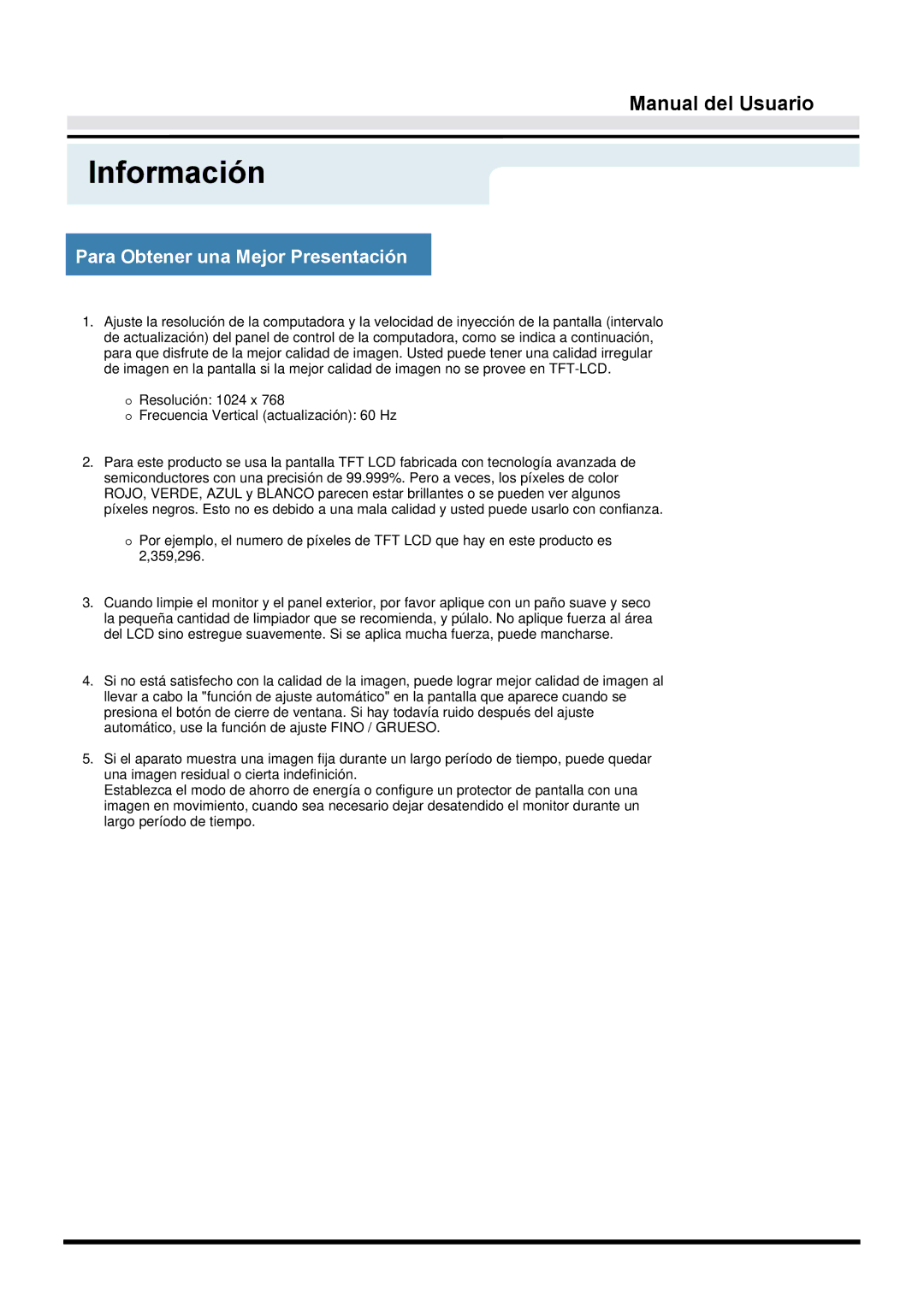 Samsung GY17CTSN/EDC manual Para Obtener una Mejor Presentación, Resolución 1024 x Frecuencia Vertical actualización 60 Hz 