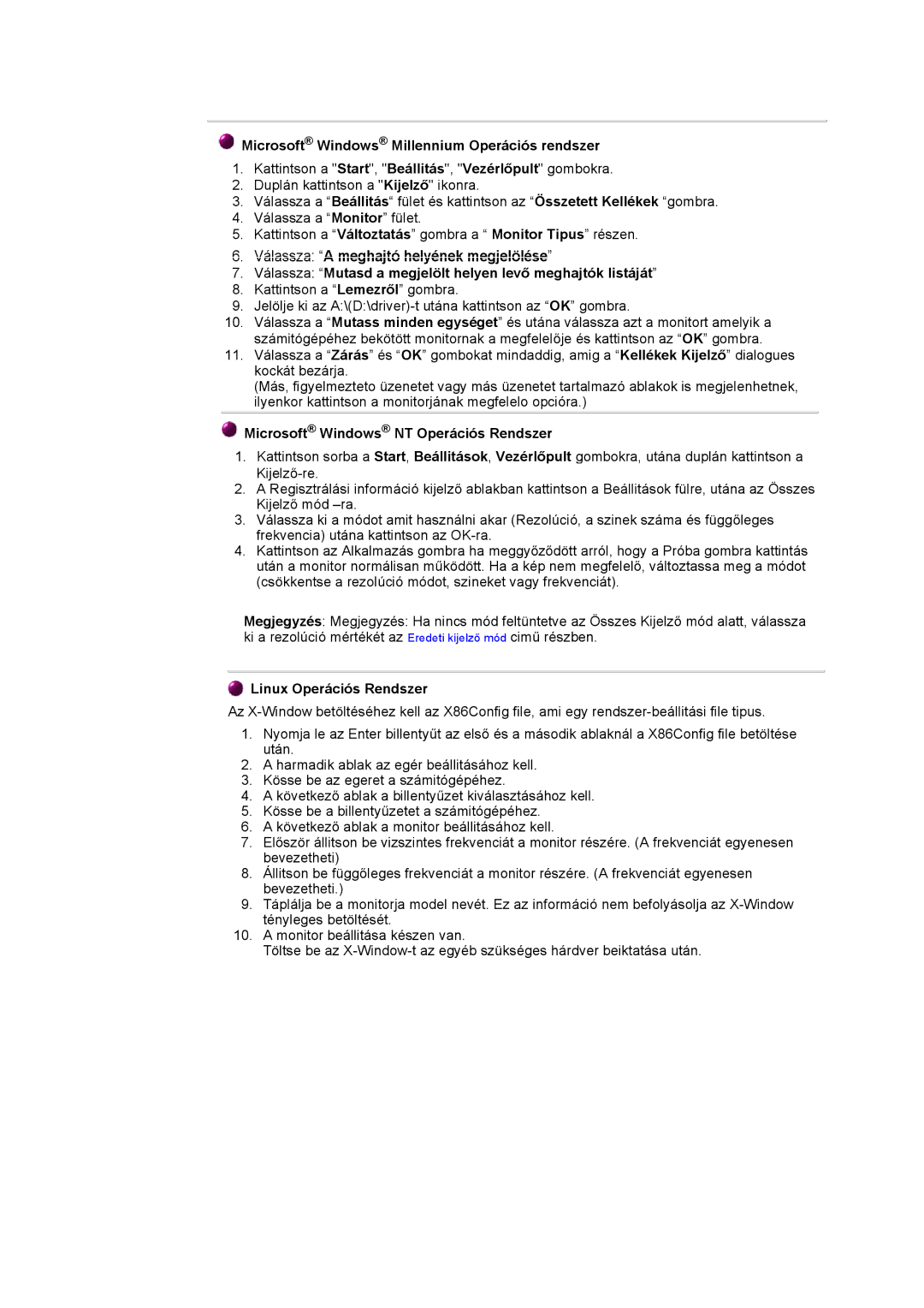 Samsung GY15VTSN/EDC manual Microsoft Windows Millennium Operációs rendszer, Microsoft Windows NT Operációs Rendszer 