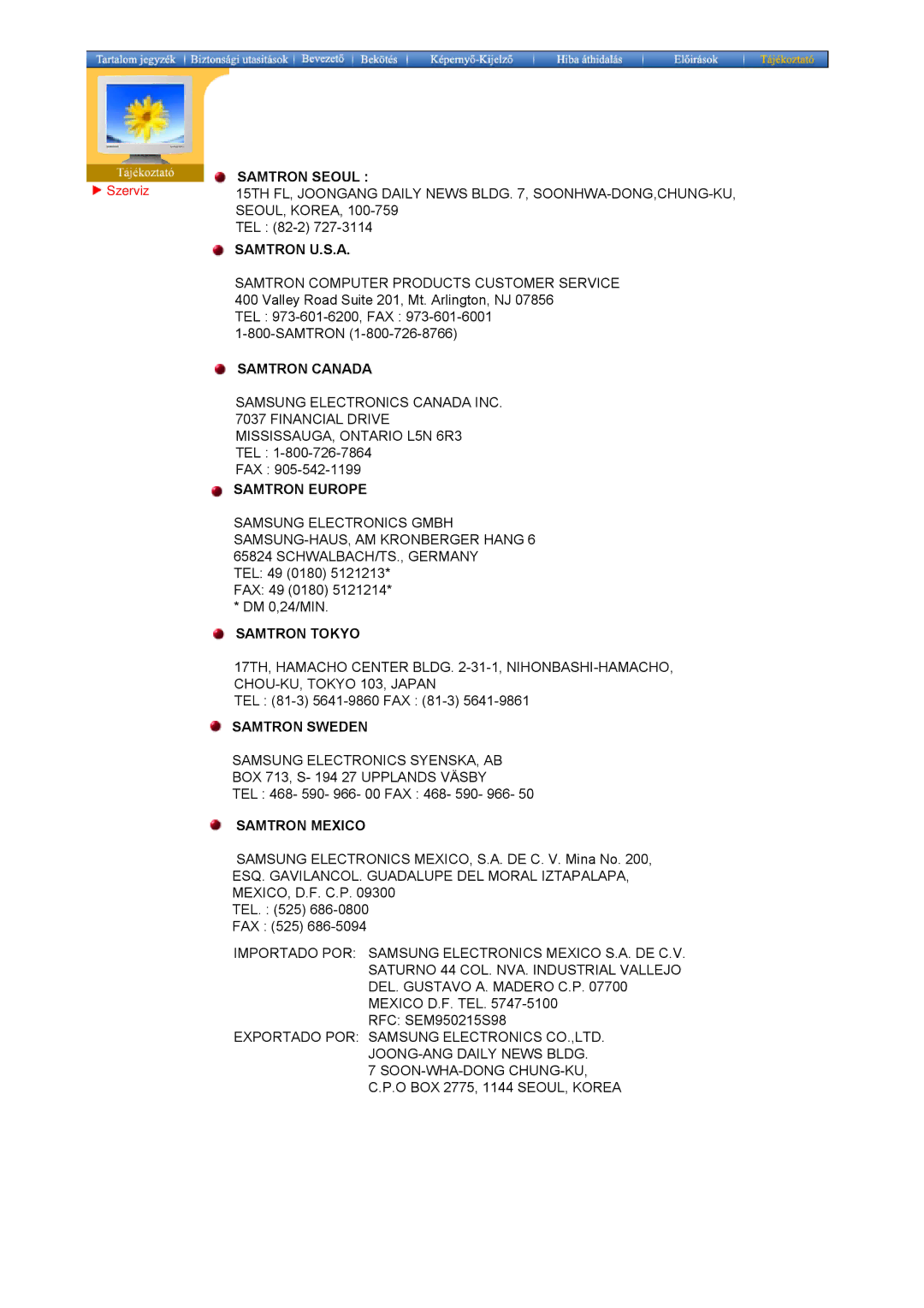 Samsung GY15VTSN/EDC, GY17VTSN/EDC manual Samtron U.S.A, Szerviz 