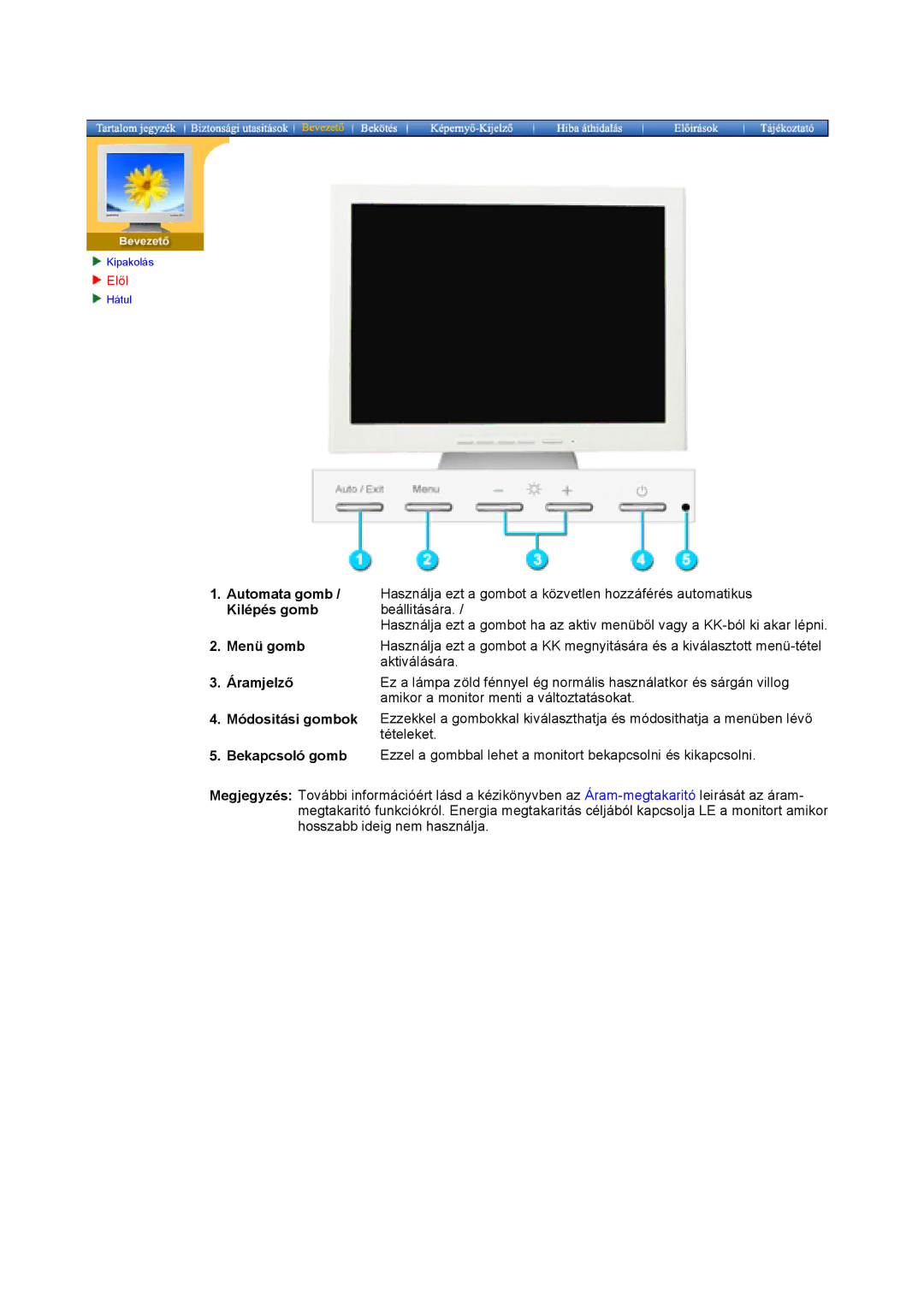 Samsung GY15VTSN/EDC, GY17VTSN/EDC manual Kilépés gomb, Menü gomb, Áramjelző, Elől 