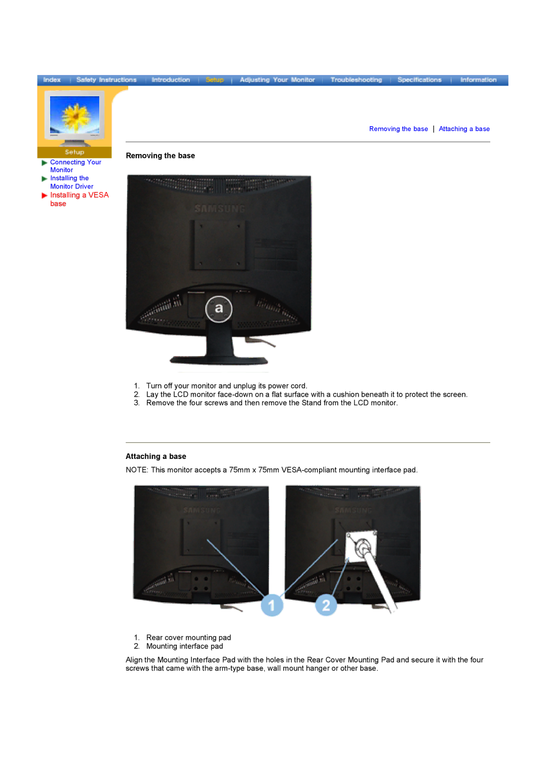 Samsung GY17HSSSC/SAI, GY17HSSSC/EDC, GY17HSSS/EDC manual Removing the base, Installing a Vesa base, Attaching a base 