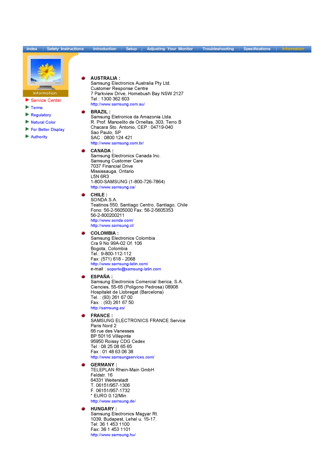 Samsung GY17HSSS/EDC, GY17HSSSC/EDC, GY17HSSSC/SAI manual Service Center, Brazil 