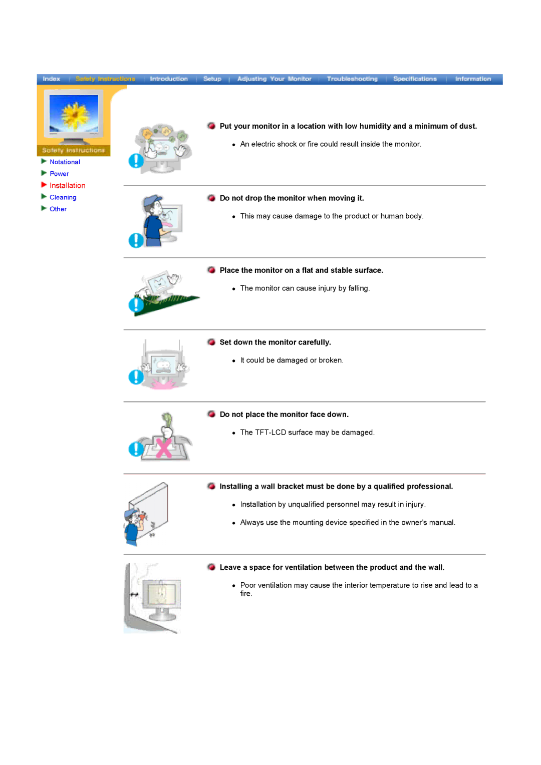 Samsung GY17HSSS/EDC manual Installation, Place the monitor on a flat and stable surface, Set down the monitor carefully 