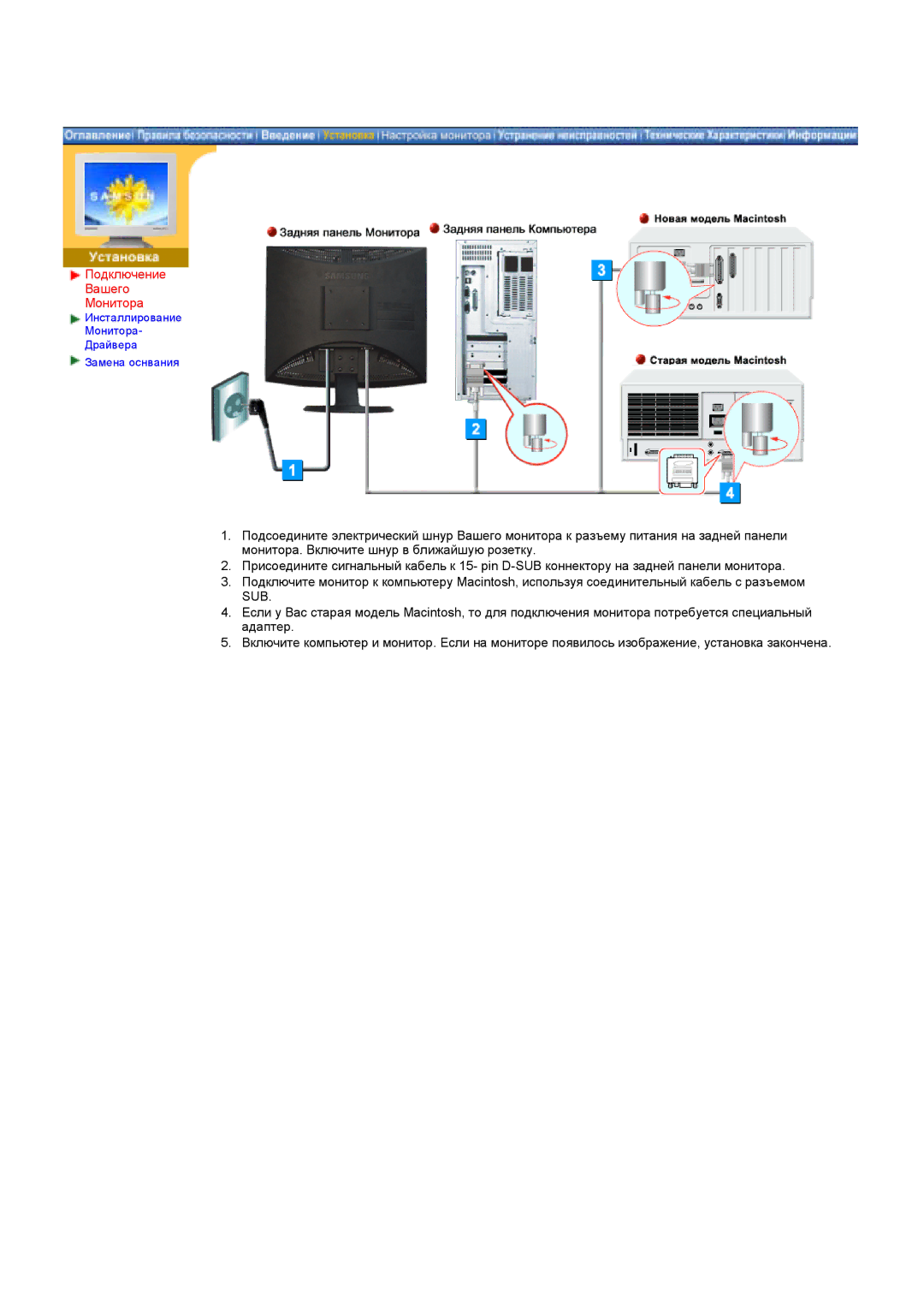 Samsung GY17HSSS/EDC, GY17HSSSC/EDC manual Подключение Вашего Монитора, Sub 