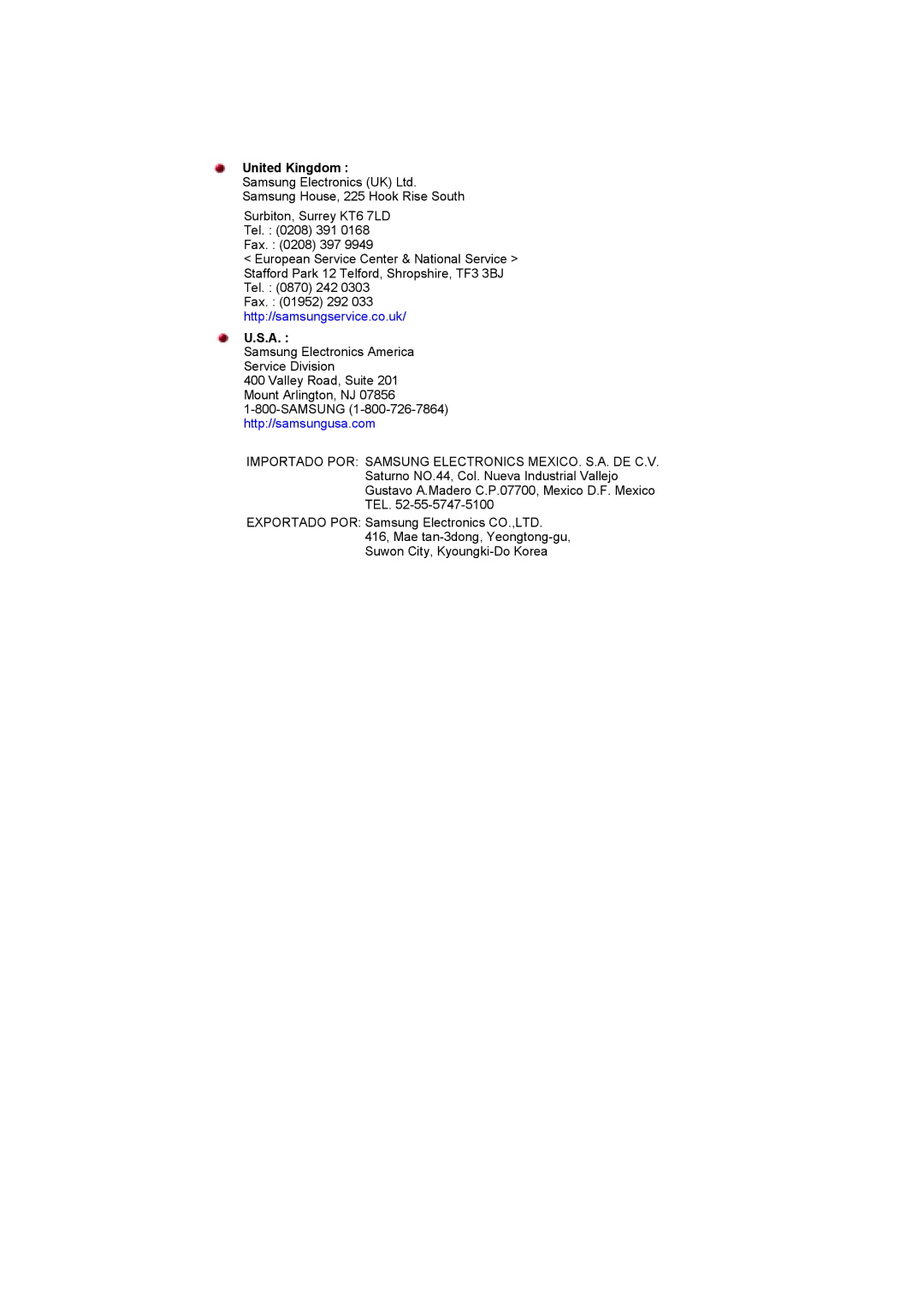 Samsung GY17HSSS/EDC, GY17HSSSC/EDC manual United Kingdom, Importado POR Samsung Electronics MEXICO. S.A. DE C.V 