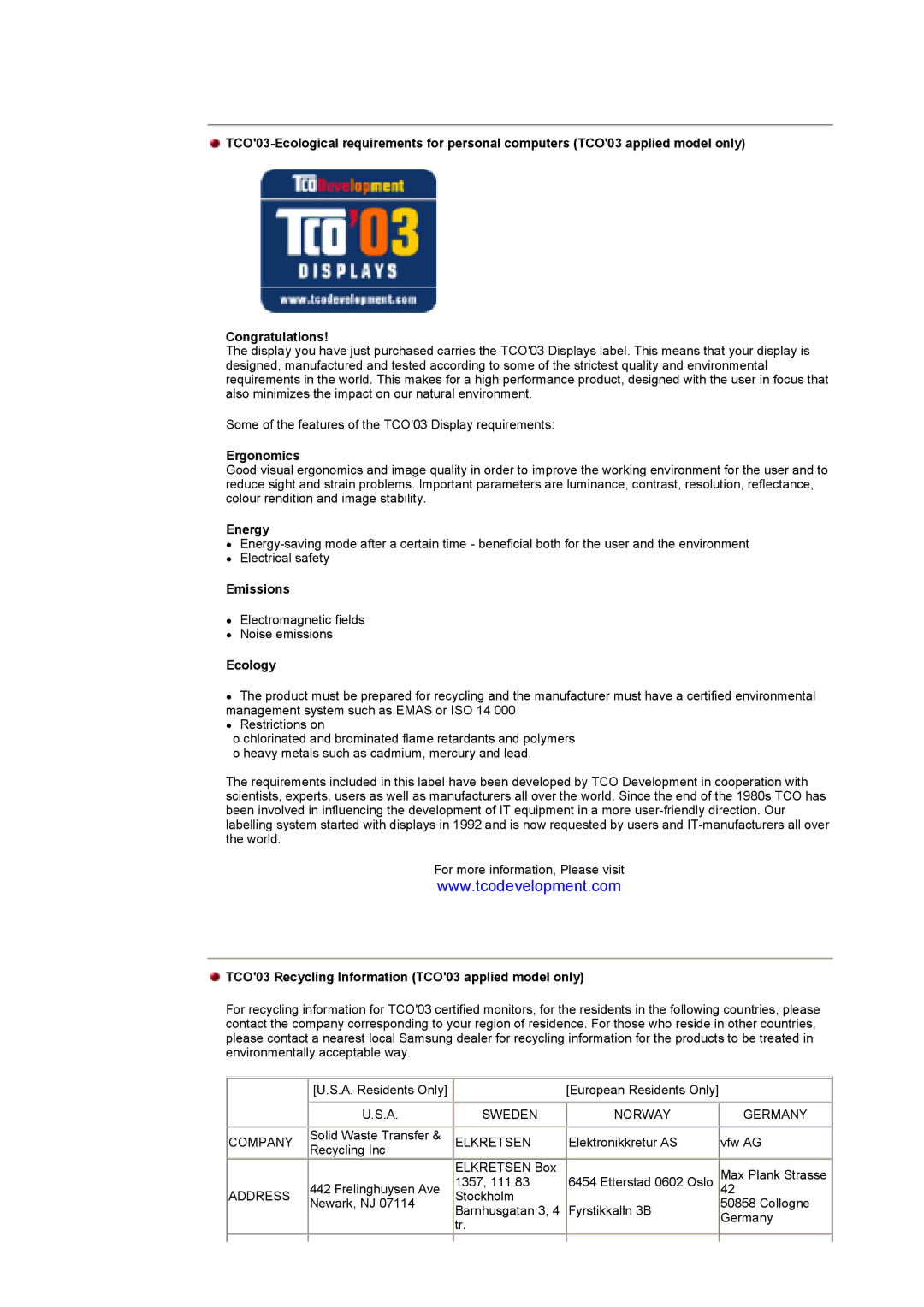 Samsung GY17HSSS/EDC manual Ergonomics, Energy, Emissions, Ecology, TCO03 Recycling Information TCO03 applied model only 