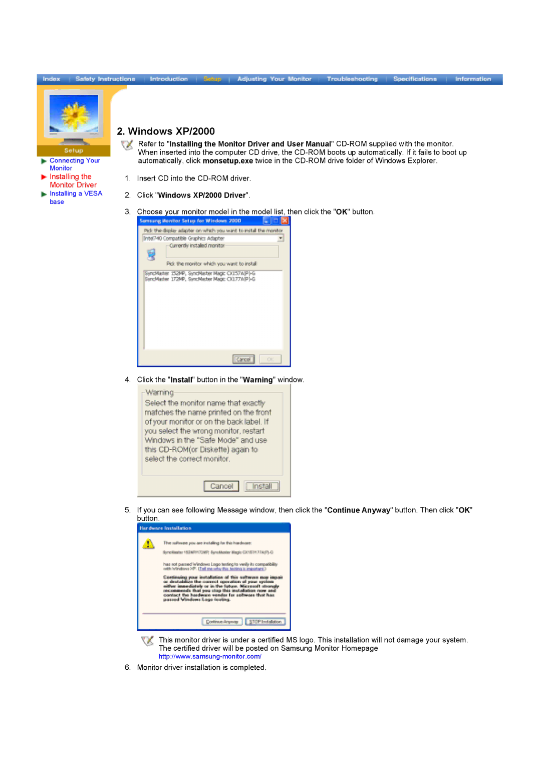 Samsung GY17HSSSC/EDC, GY17HSSS/EDC manual Click Windows XP/2000 Driver 