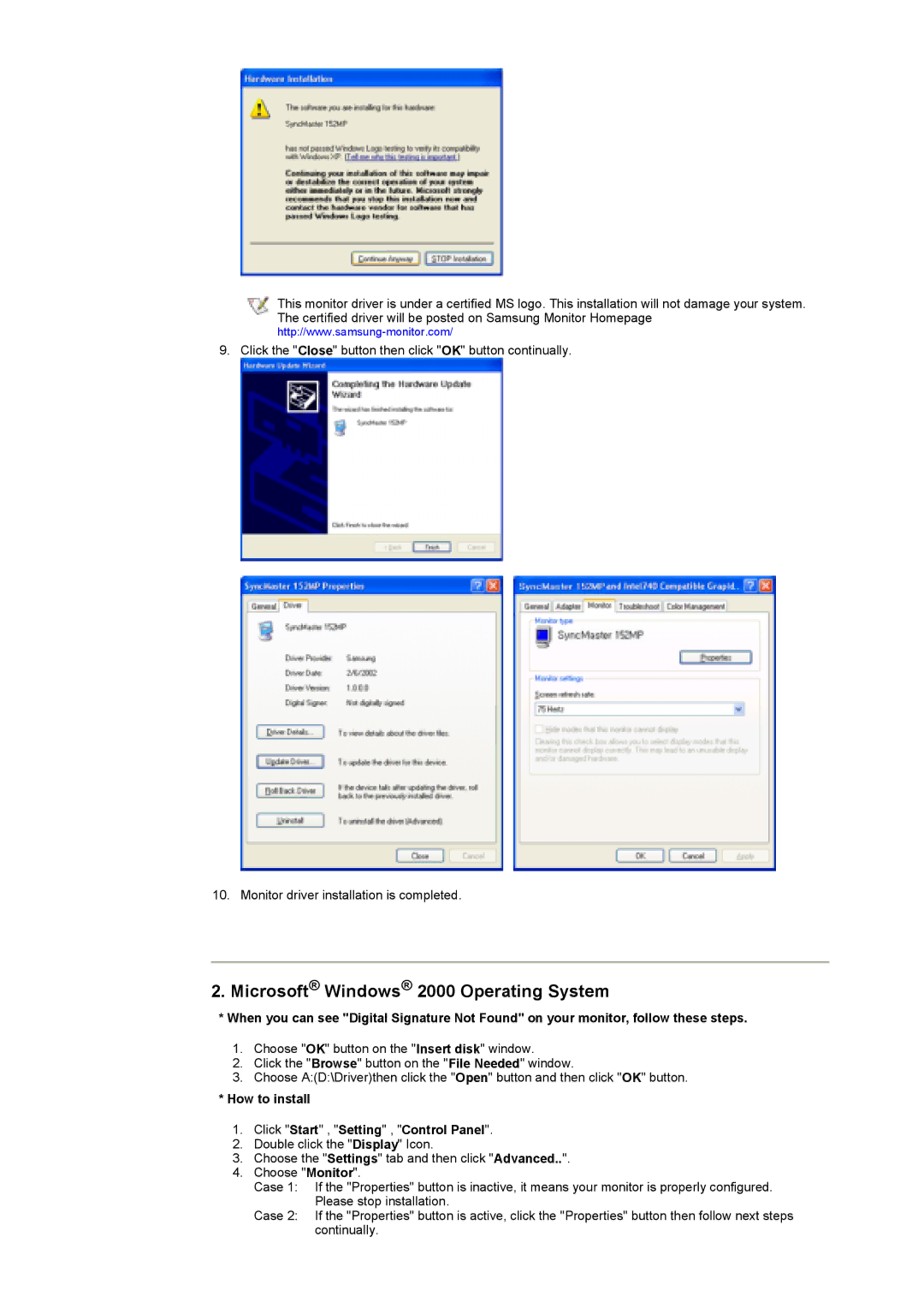 Samsung GY17HSSS/EDC manual Microsoft Windows 2000 Operating System, How to install Click Start , Setting , Control Panel 