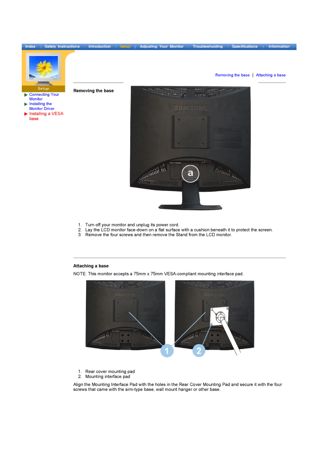 Samsung GY17HSSS/EDC, GY17HSSSC/EDC manual Removing the base, Installing a Vesa base, Attaching a base 