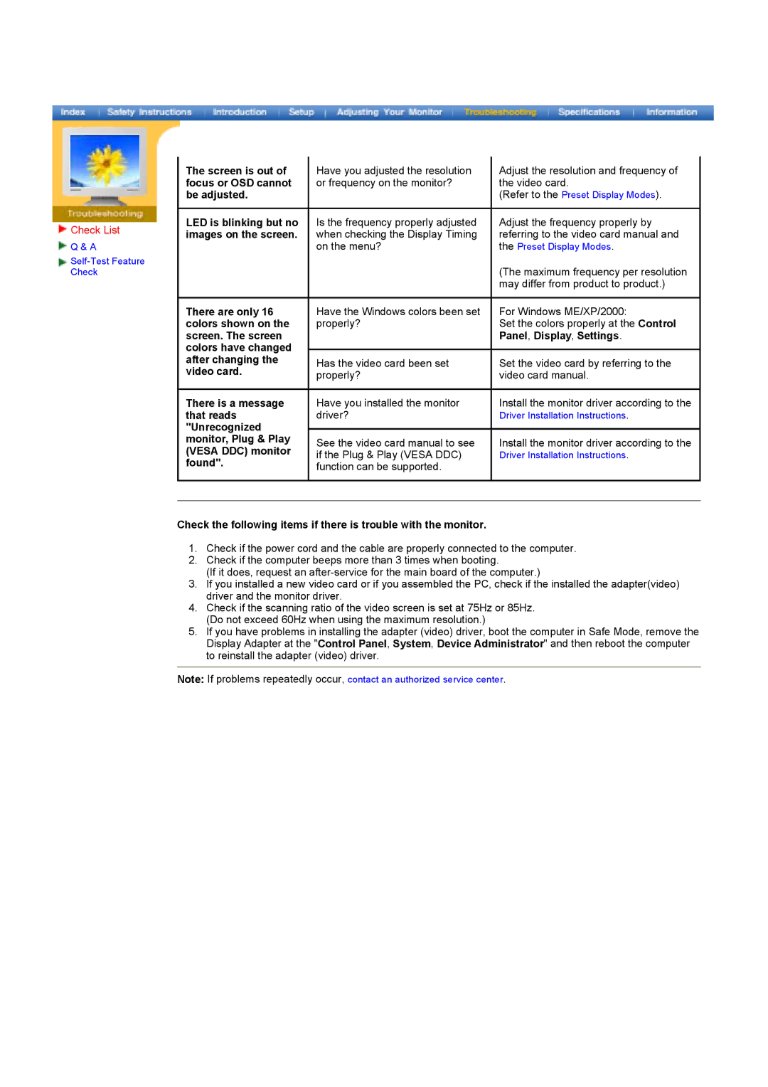 Samsung GY17HSSSC/EDC, GY17HSSS/EDC manual Screen is out of focus or OSD cannot be adjusted 