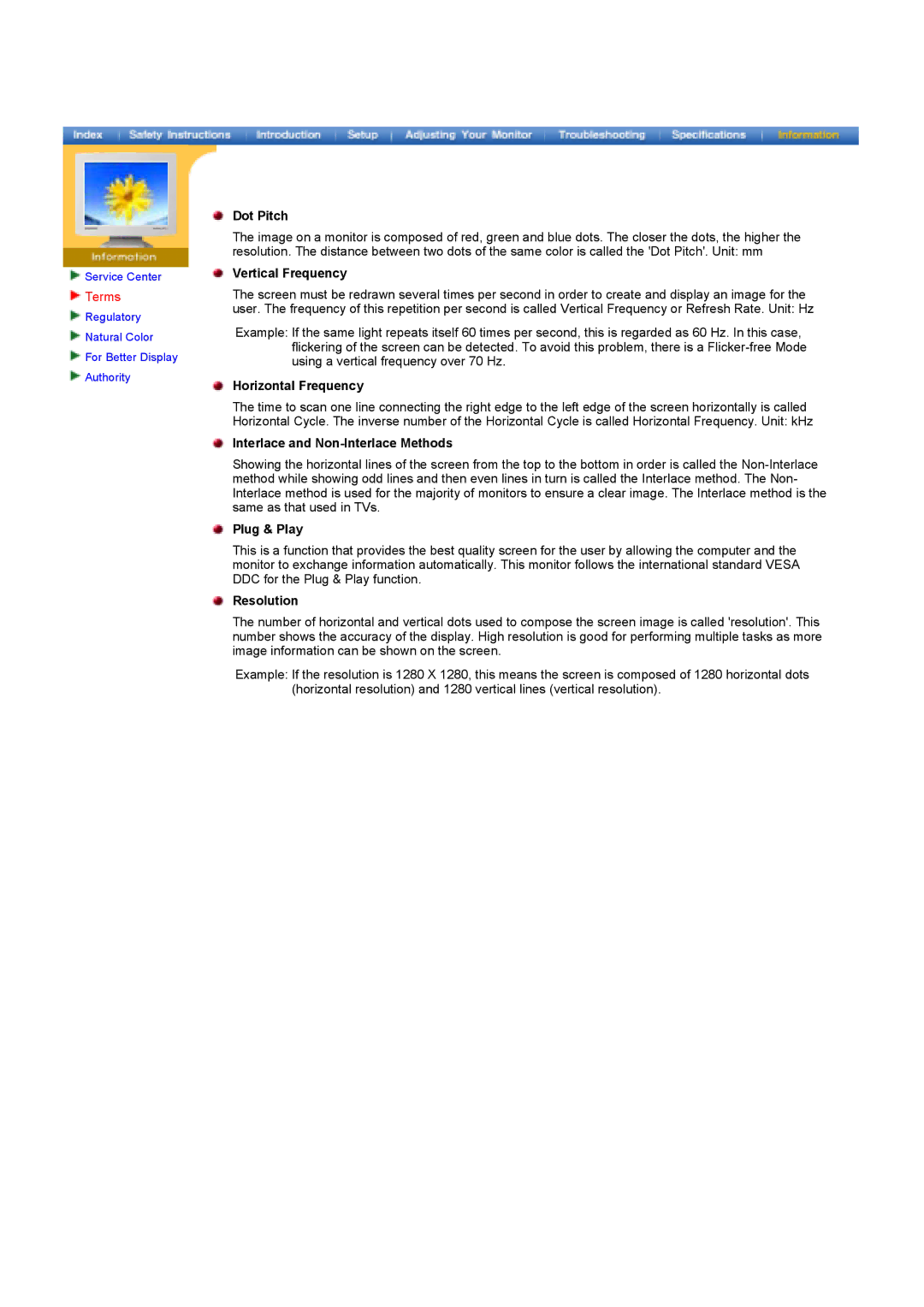 Samsung GY17HSSSC/EDC, GY17HSSS/EDC manual Terms, Dot Pitch, Interlace and Non-Interlace Methods, Plug & Play, Resolution 