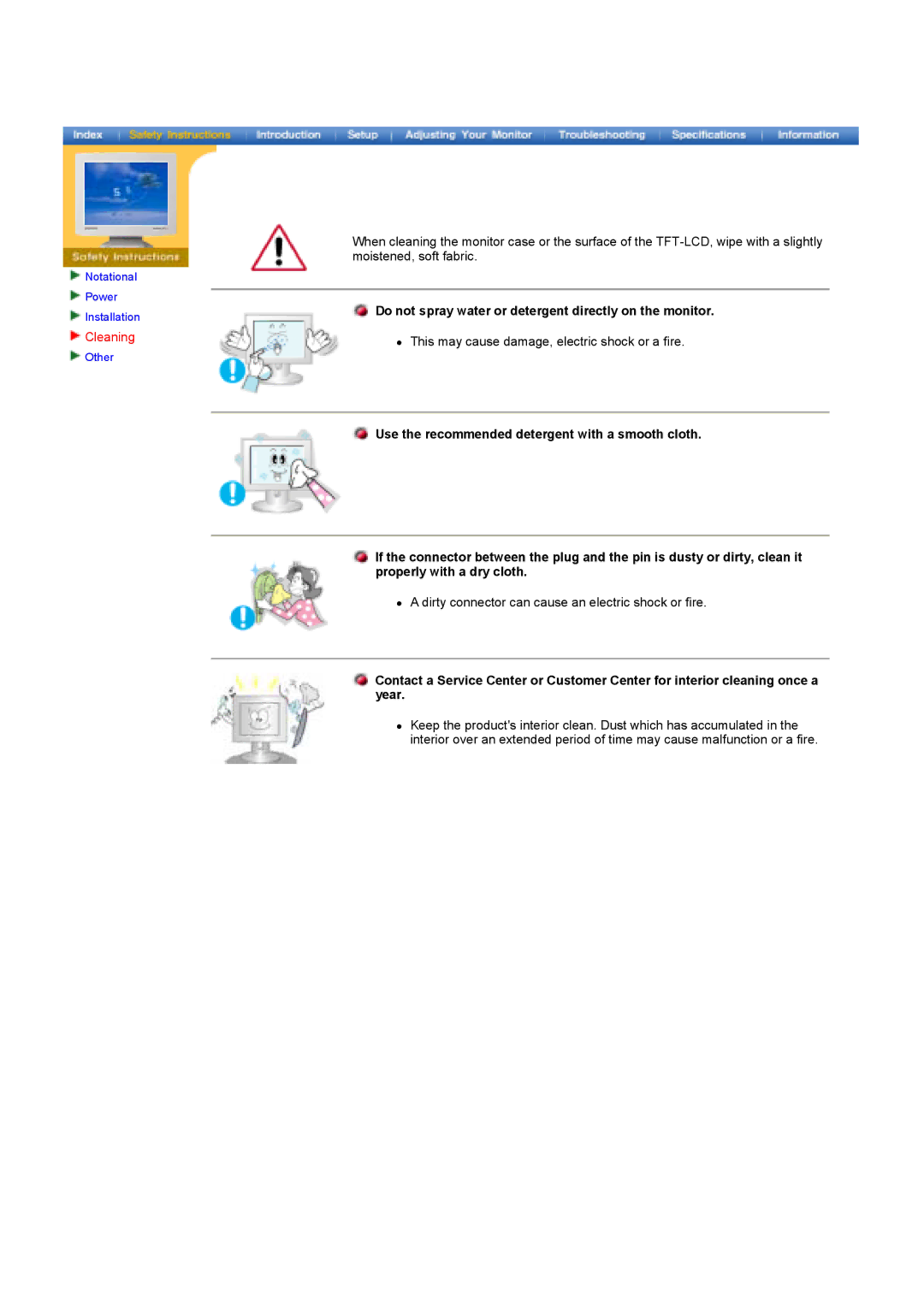 Samsung GY17HSSSC/EDC, GY17HSSS/EDC manual Cleaning, Do not spray water or detergent directly on the monitor 