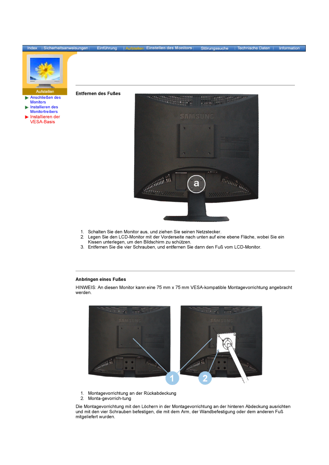 Samsung GY17HSSSC/EDC manual Installieren der VESA-Basis, Entfernen des Fußes, Anbringen eines Fußes 