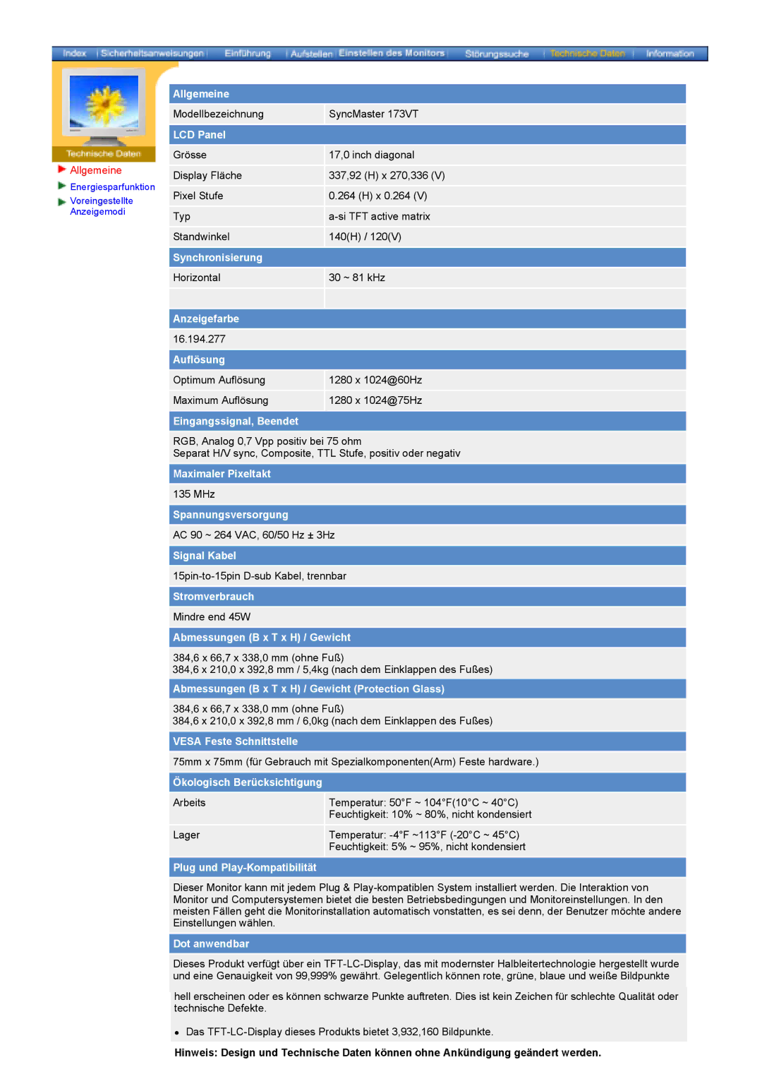 Samsung GY17HSSSC/EDC manual Allgemeine, LCD Panel 