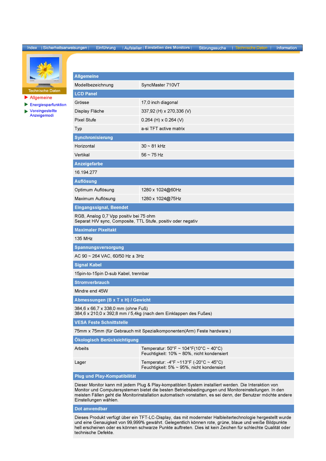 Samsung GY17HSSSC/EDC manual Modellbezeichnung SyncMaster 710VT 