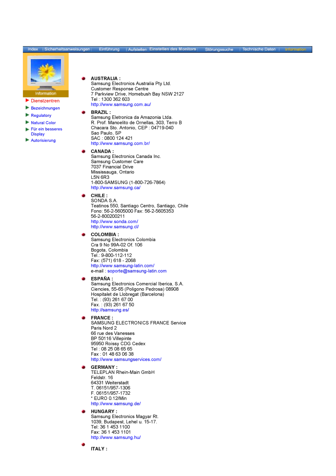 Samsung GY17HSSSC/EDC manual Dienstzentren, Australia Brazil 