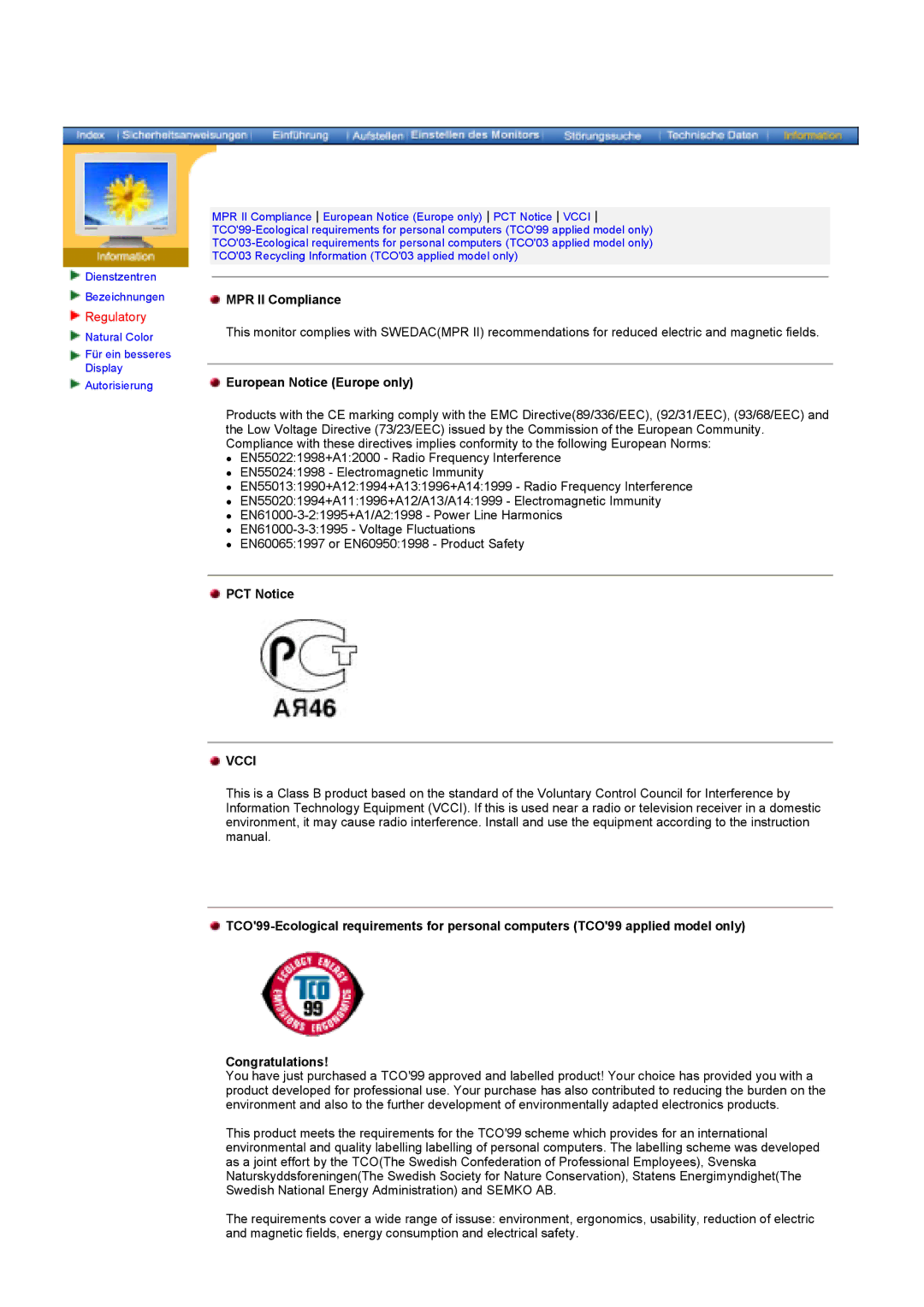 Samsung GY17HSSSC/EDC manual Regulatory, MPR II Compliance, European Notice Europe only, PCT Notice 