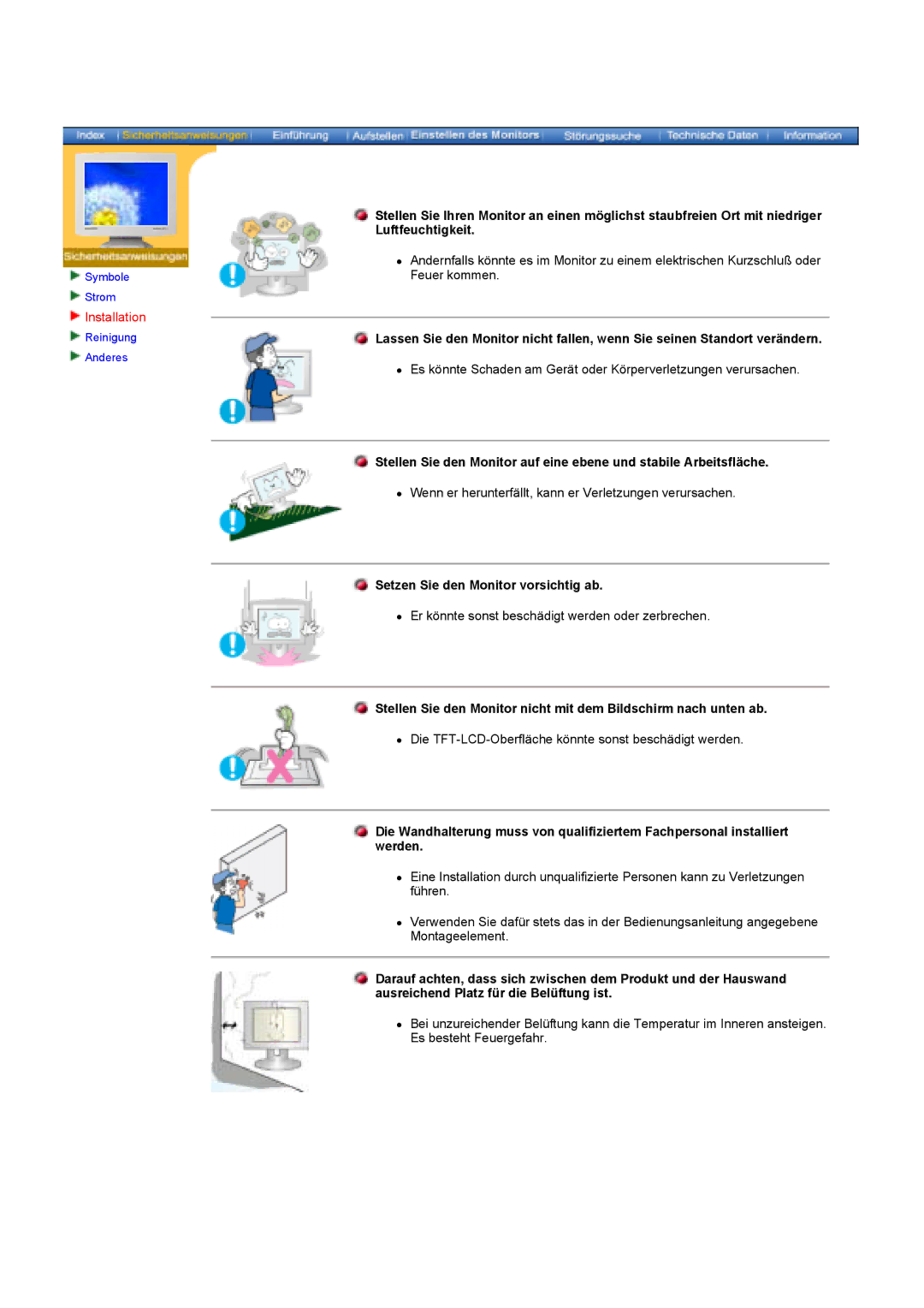 Samsung GY17HSSSC/EDC manual Installation, Setzen Sie den Monitor vorsichtig ab 