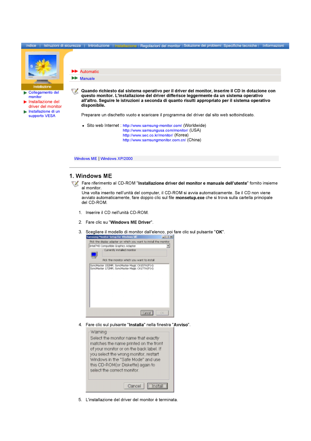 Samsung GY17HSSSC/EDC manual Installazione del driver del monitor, Automatic, Fare clic su Windows ME Driver 