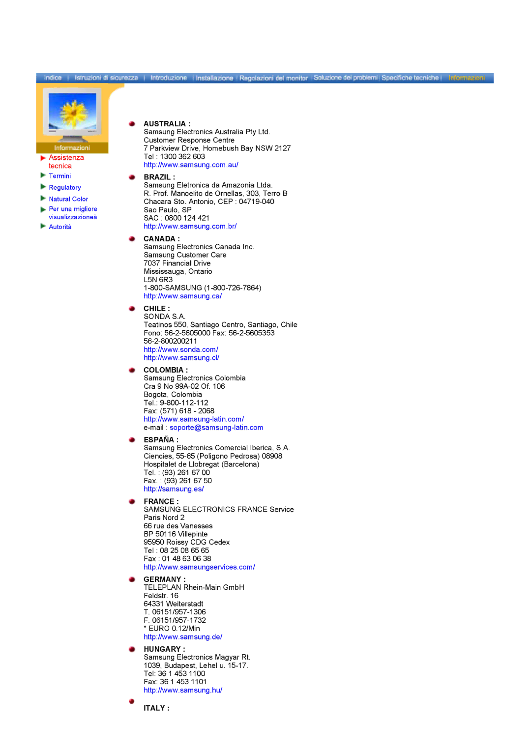 Samsung GY17HSSSC/EDC manual Assistenza tecnica, Australia Brazil 