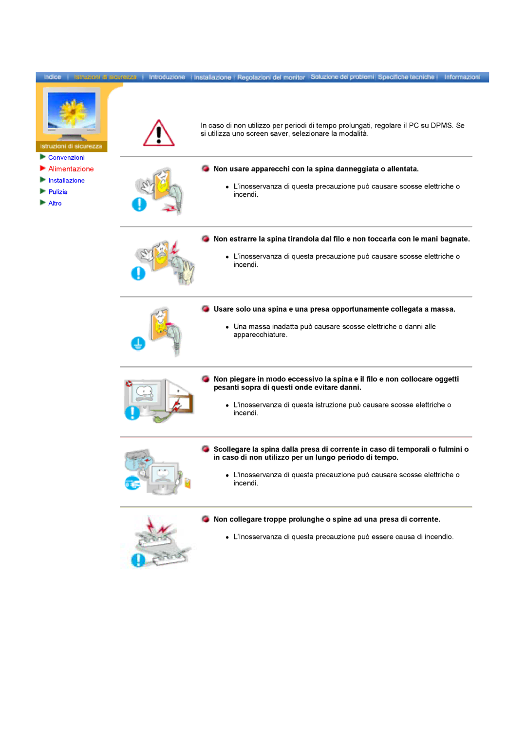 Samsung GY17HSSSC/EDC manual Non usare apparecchi con la spina danneggiata o allentata, Alimentazione 