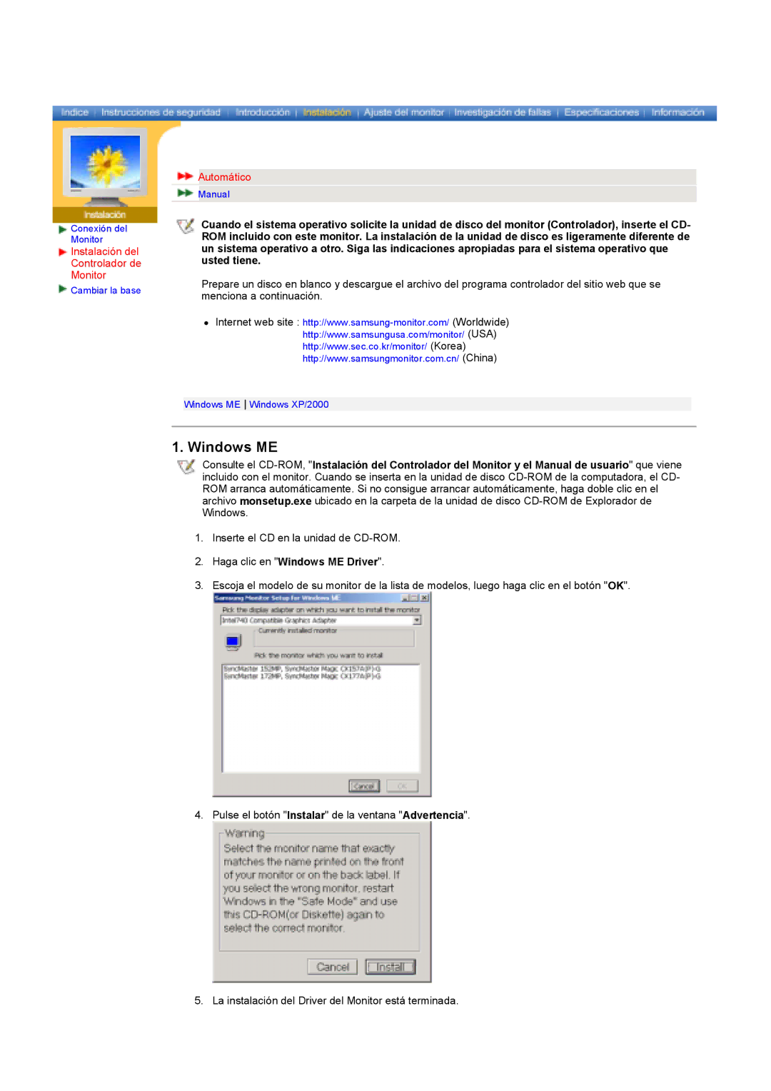 Samsung GY17HSSSC/EDC manual Instalación del Controlador de Monitor, Automático, Haga clic en Windows ME Driver 