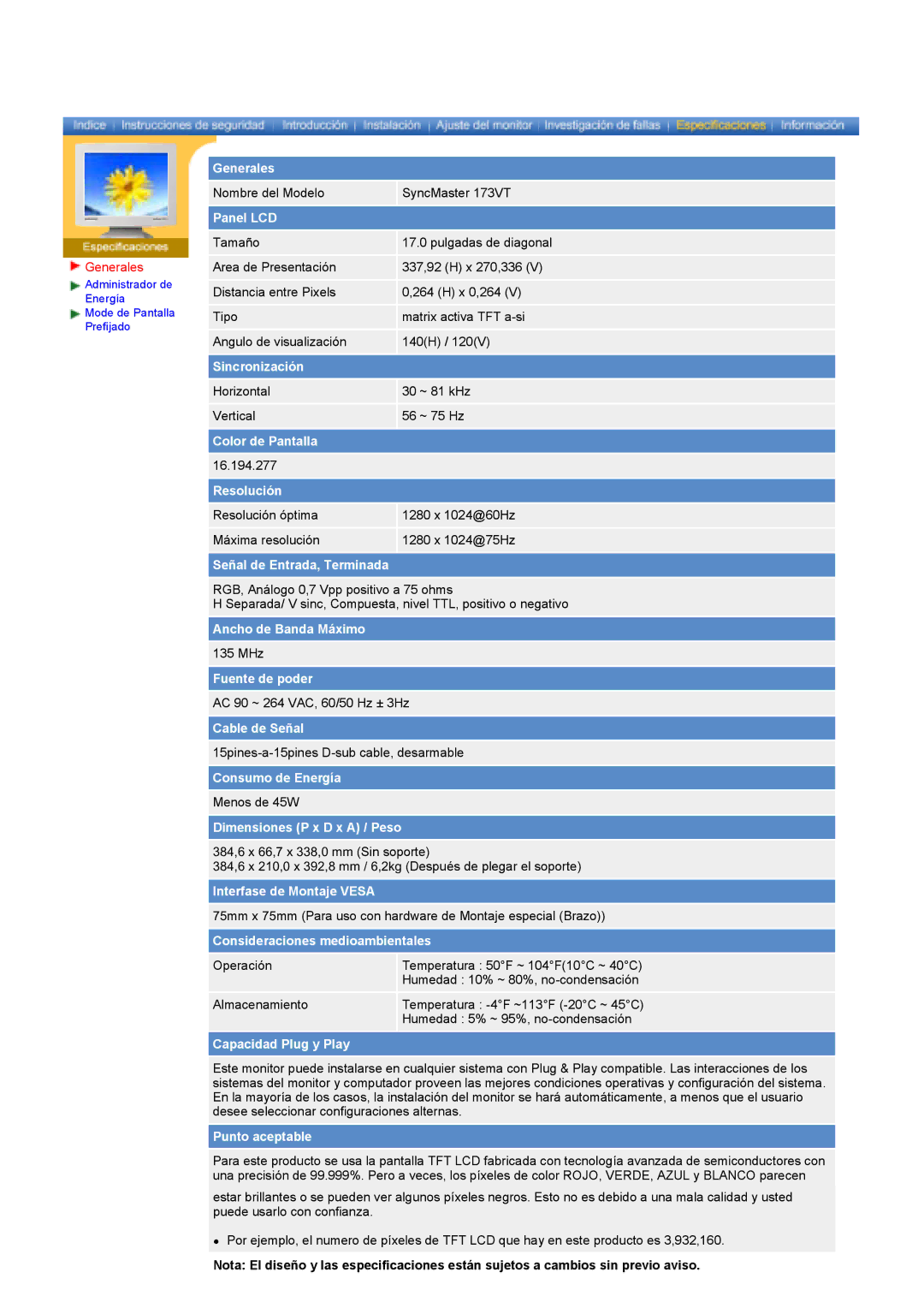 Samsung GY17HSSSC/EDC manual Generales, Panel LCD 