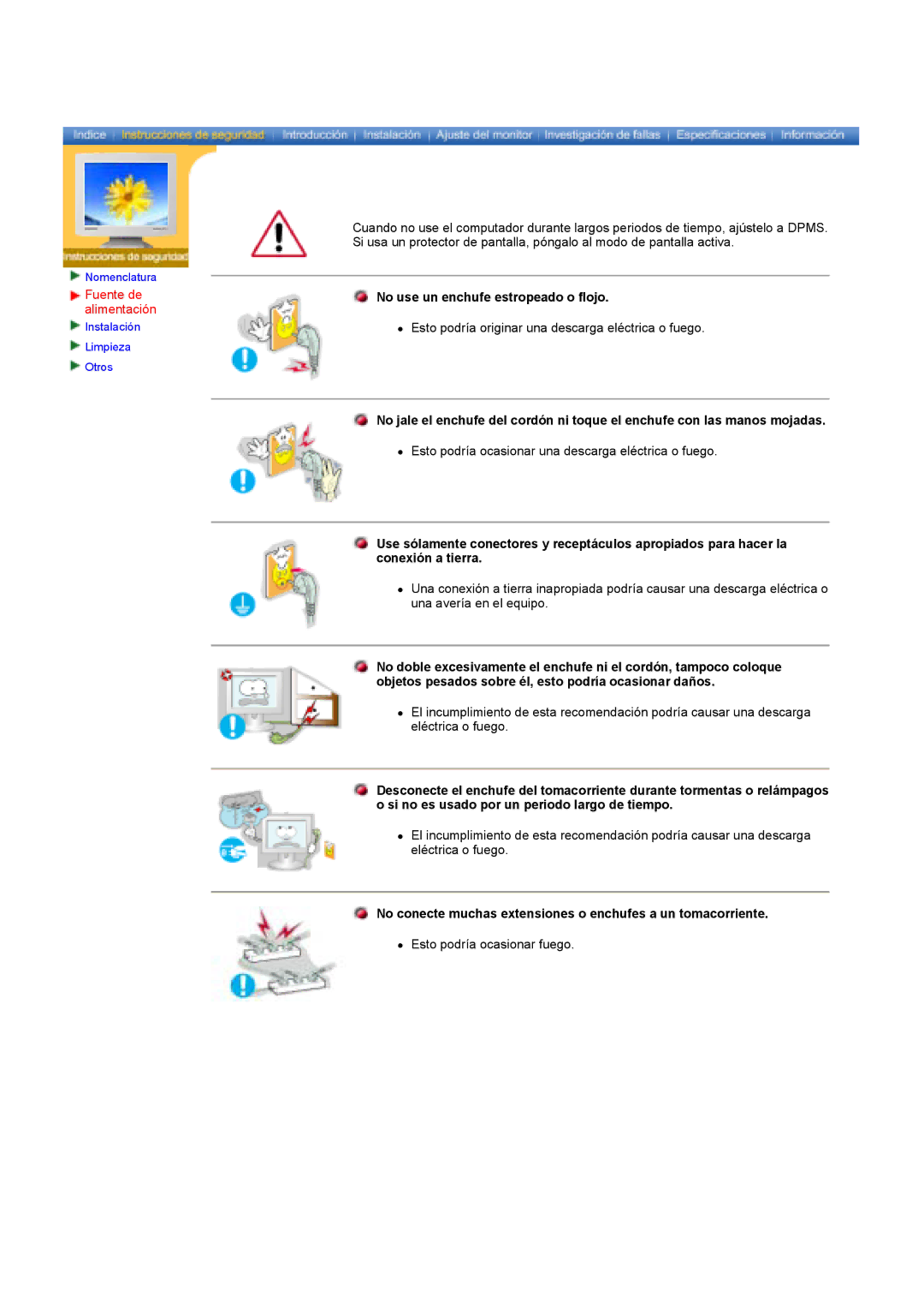 Samsung GY17HSSSC/EDC manual Fuente de, Alimentación, No conecte muchas extensiones o enchufes a un tomacorriente 