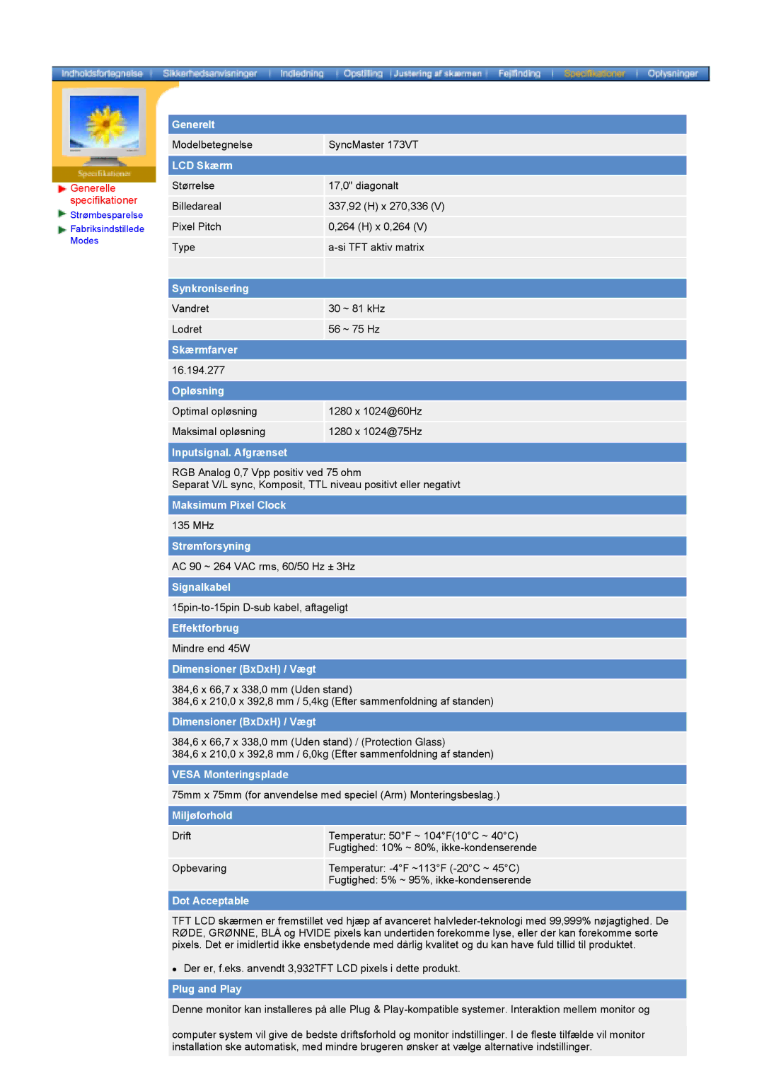 Samsung GY17HSSSC/EDC manual Generelle specifikationer, LCD Skærm 