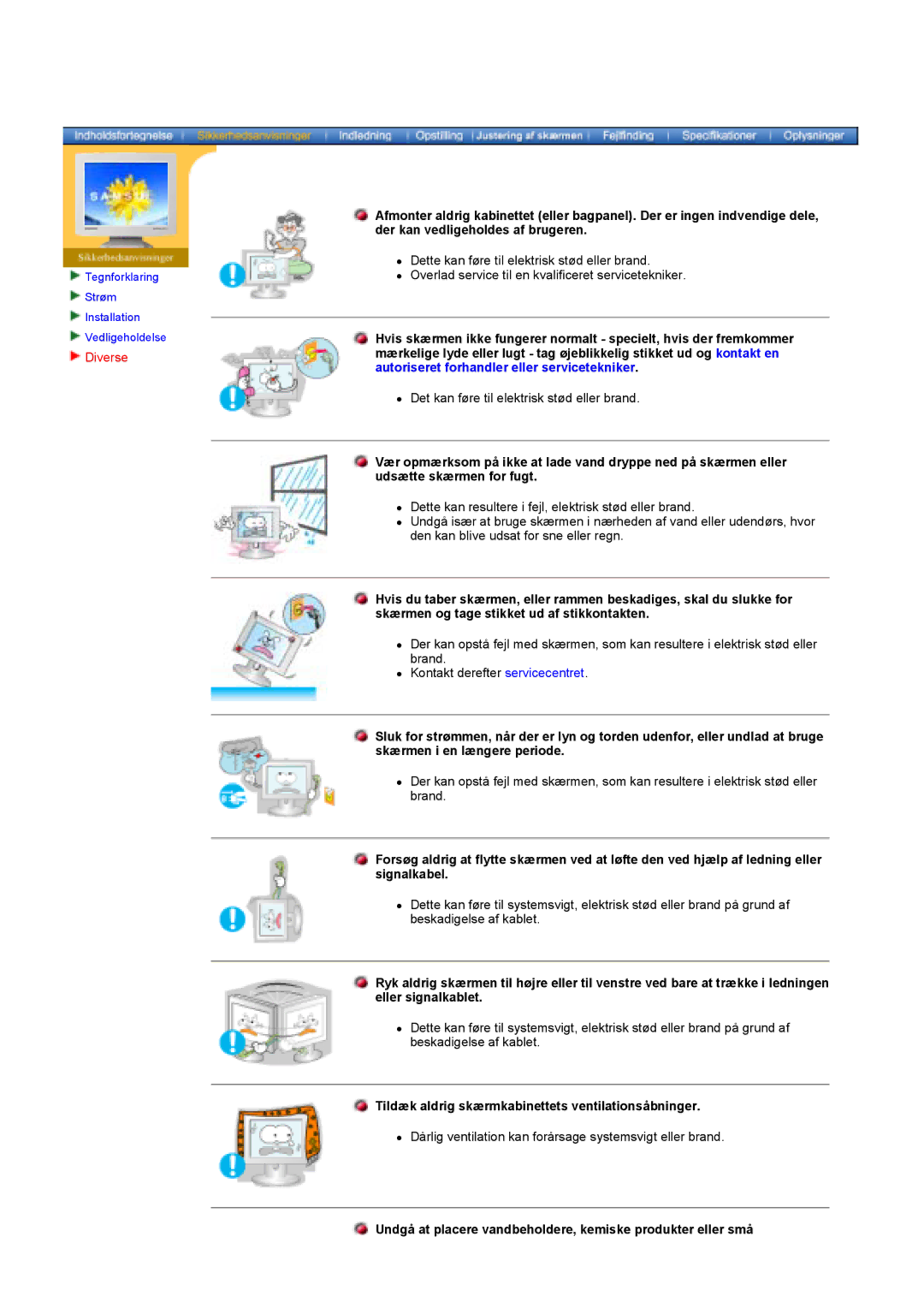 Samsung GY17HSSSC/EDC manual Diverse, Tildæk aldrig skærmkabinettets ventilationsåbninger 