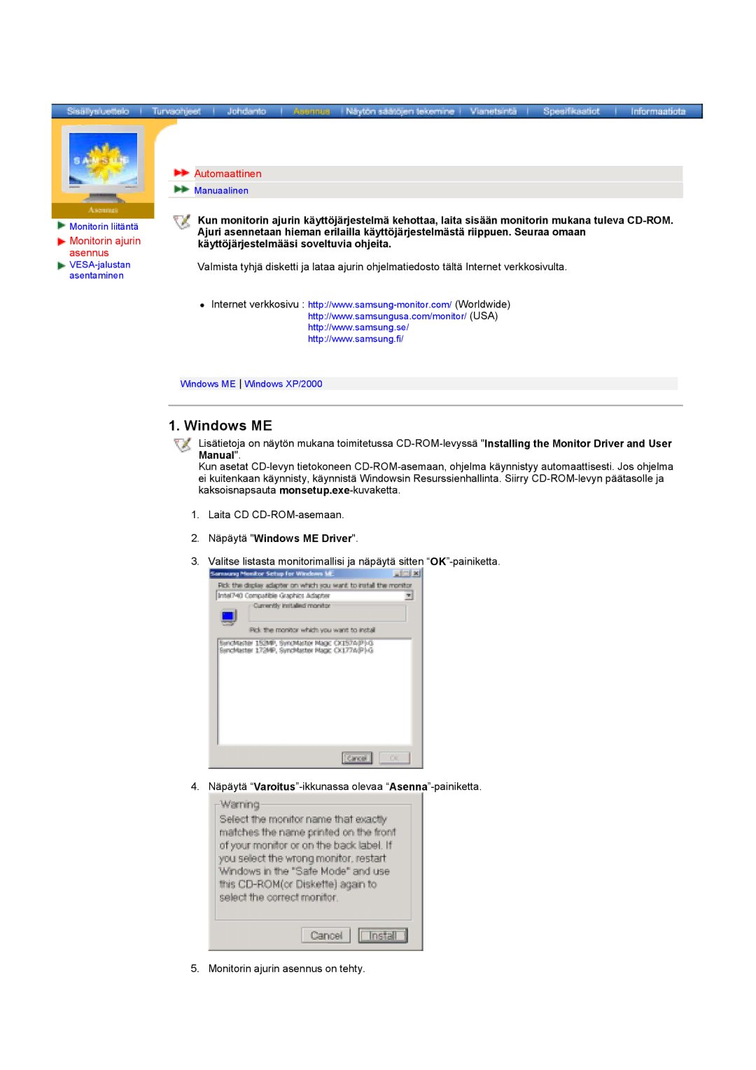 Samsung GY17HSSSC/EDC manual Monitorin ajurin asennus, Automaattinen, Näpäytä Windows ME Driver 