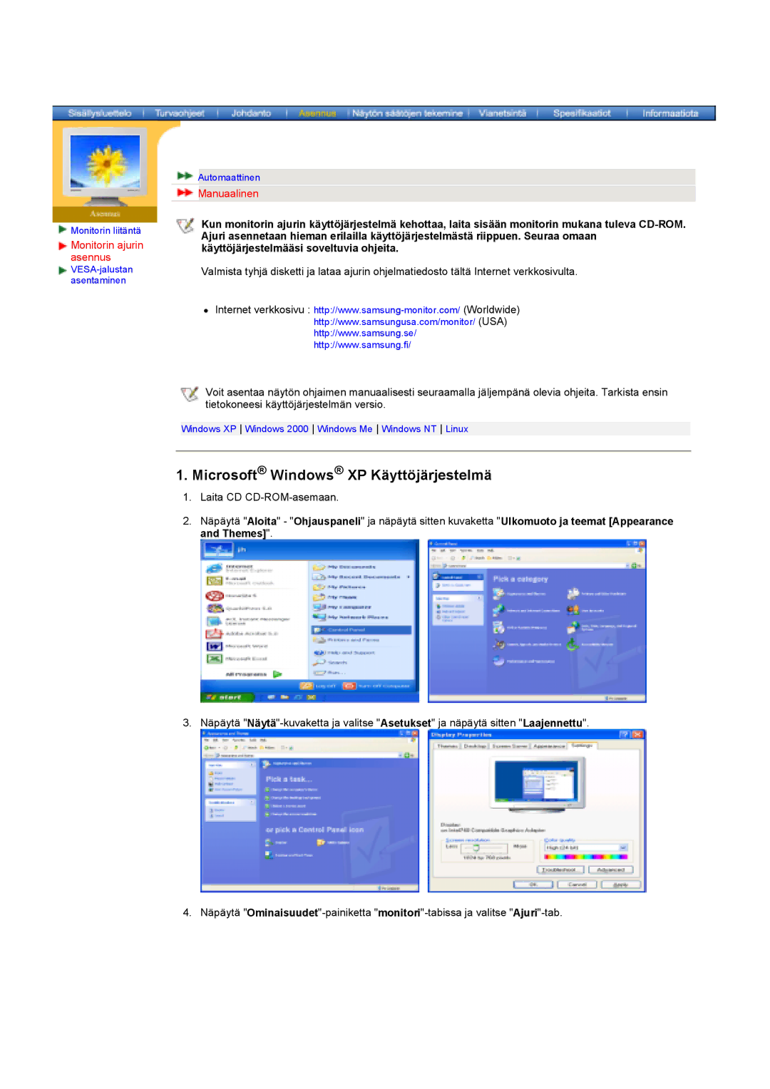 Samsung GY17HSSSC/EDC manual Microsoft Windows XP Käyttöjärjestelmä, Manuaalinen 